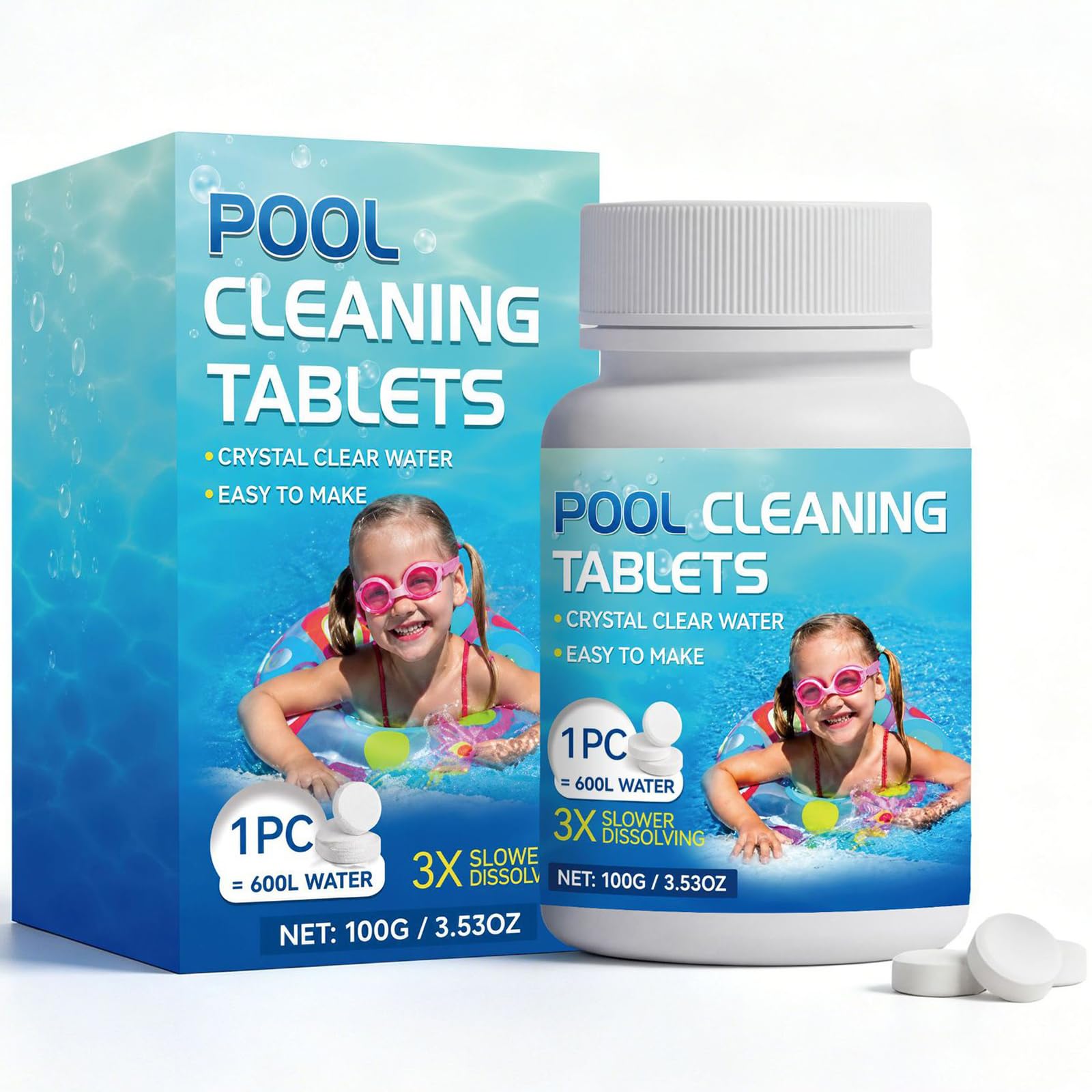 100PCS Chlorine Tablets for Pools & Spas – Slow-Dissolving, Long-Lasting