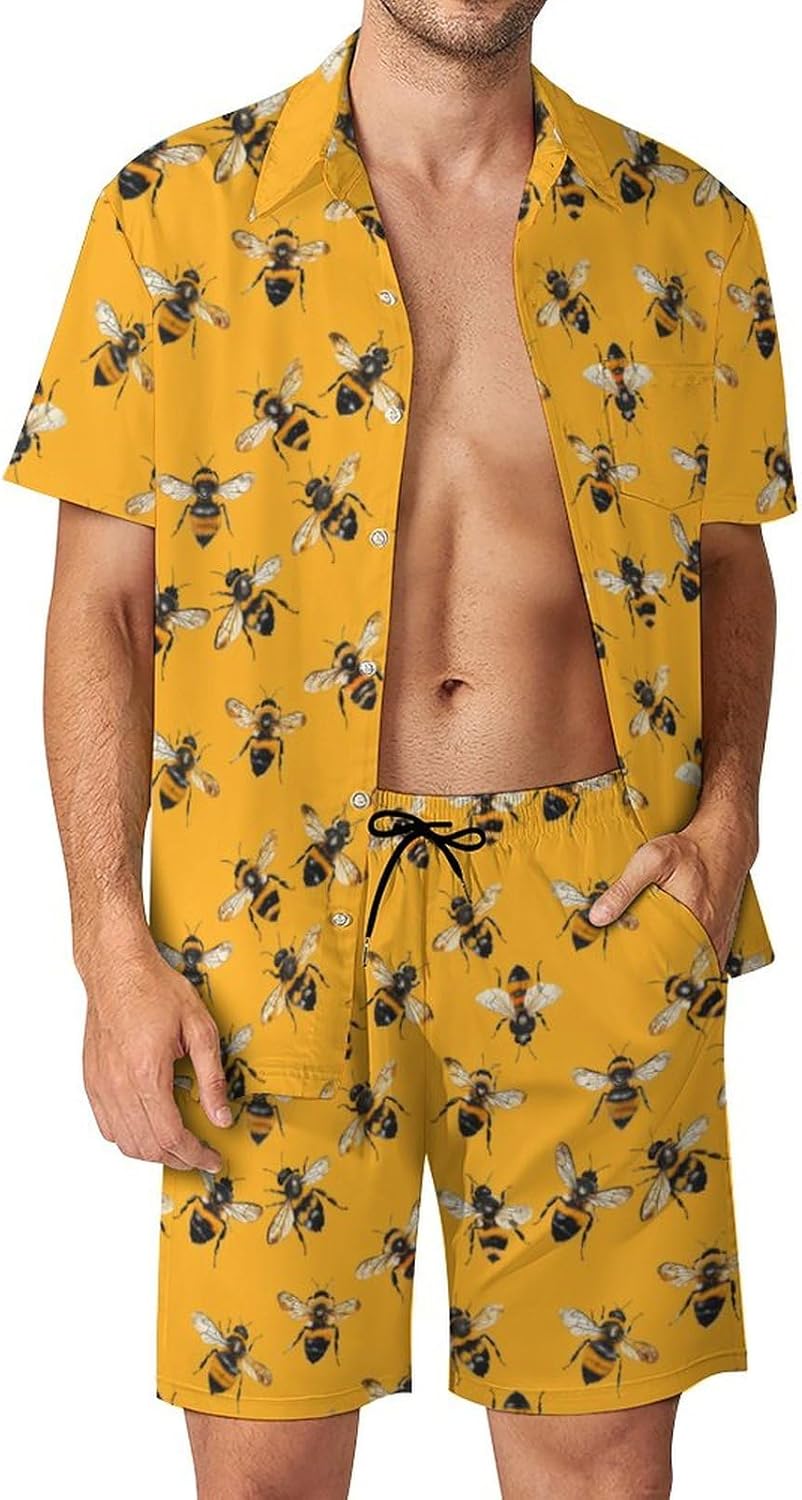 Cute Bees Men's Summer Beach Outfits Shirt And Shorts Set 2 Piece Vacation Swimwear