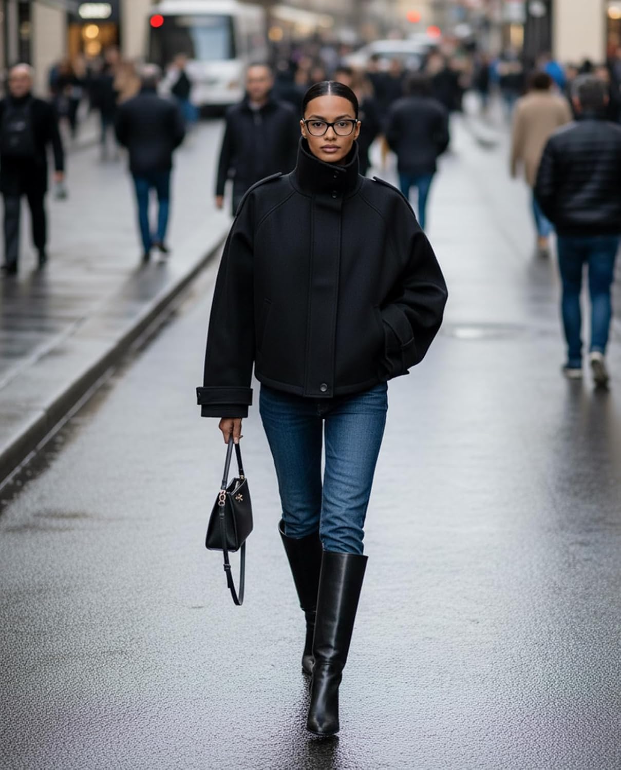 Women Cropped Trench Coat Zip Up Funnel Neck Short Jacket Oversized Wool Coats Fall Winter Casual Outfits 2025 - Image 3