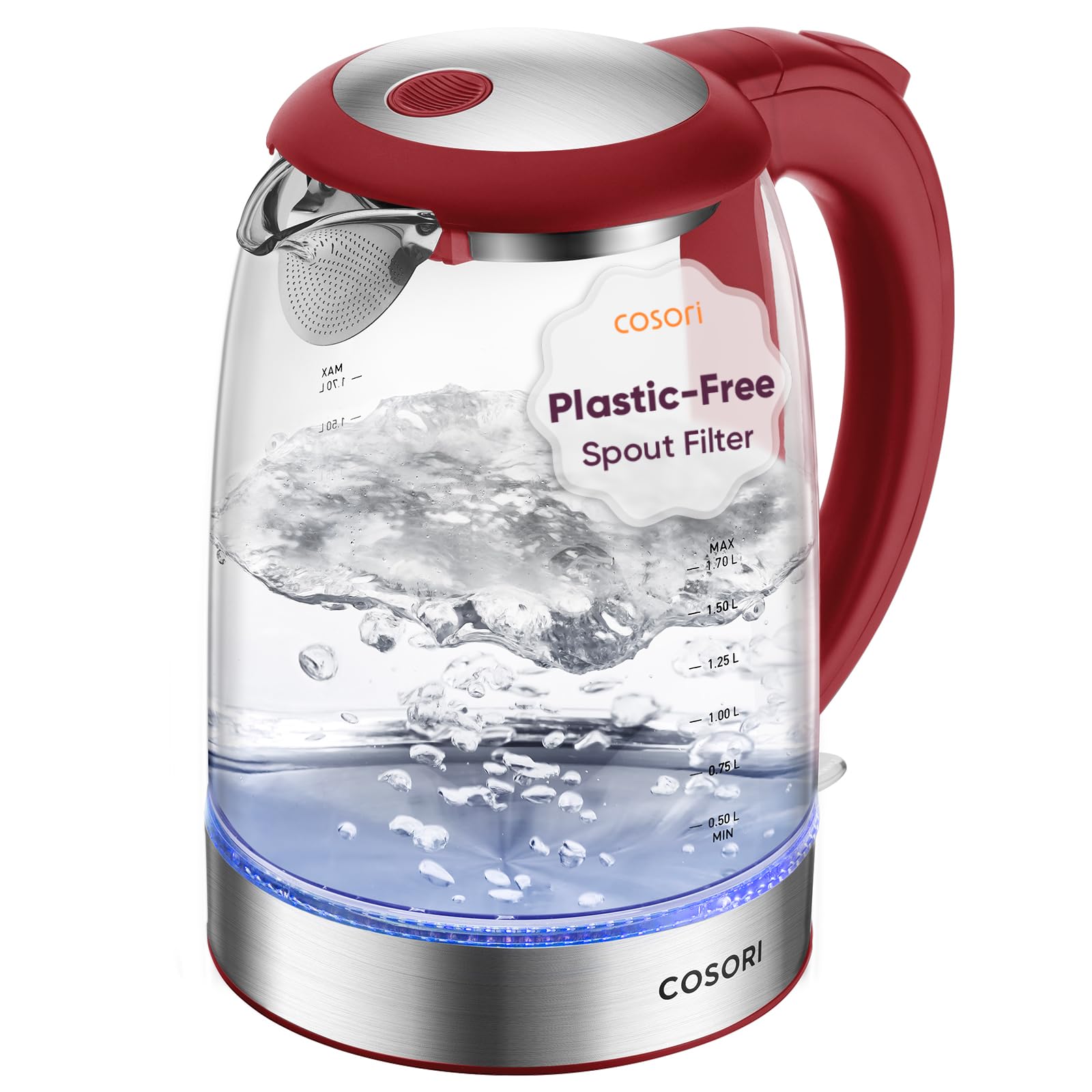 Cosori Electric Kettle, No Plastic Filter & Spout, Tea Kettle & Hot Water Boiler For Coffee & Tea, Water Heater & Teapot, Automatic Shut Off, Borosilicate glass, Red, 1.7L/1500W