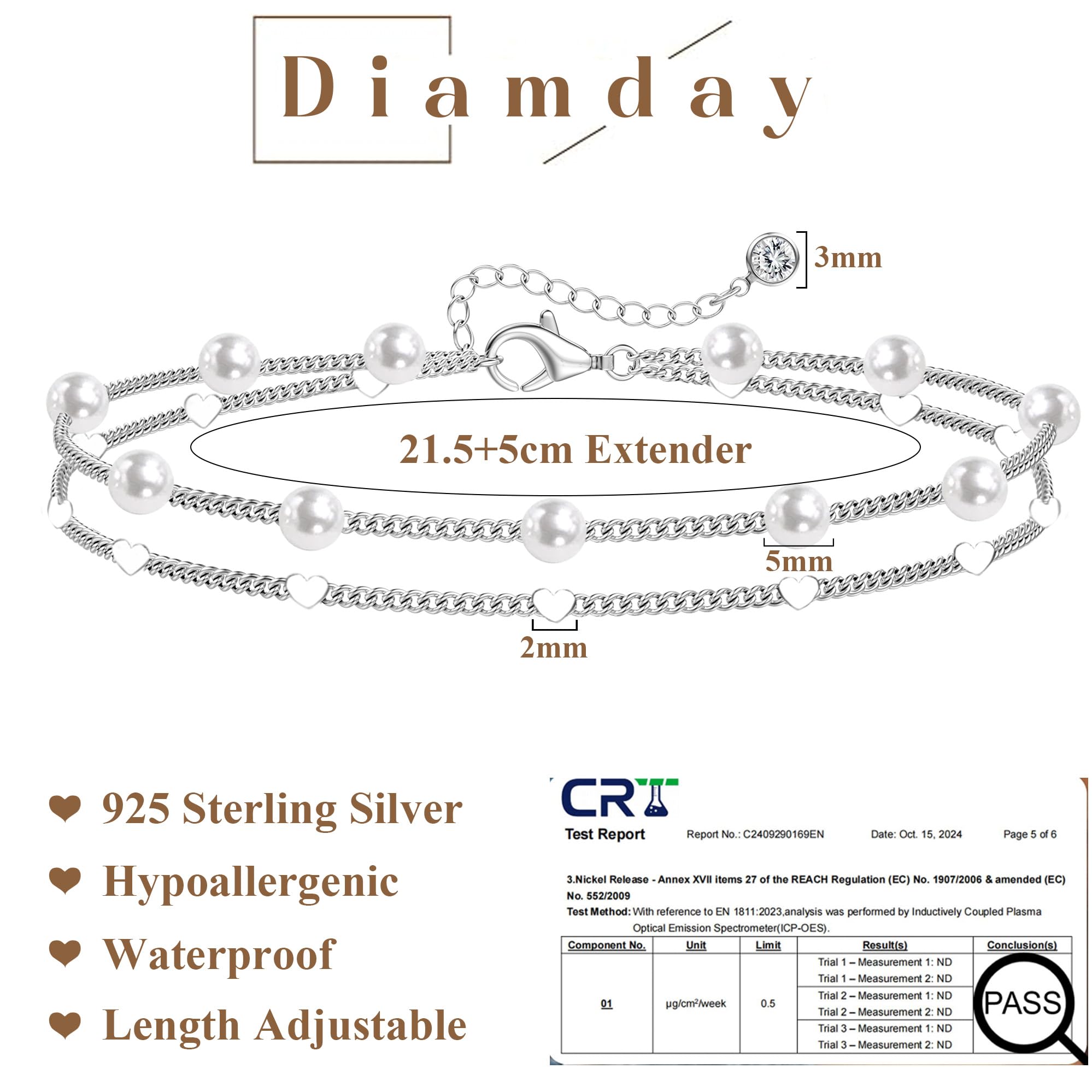Diamday Fußkettchen für Damen Silber 925 Fussketten für Frauen Verstellbares Zierlich Fußkette Silber Perlen Funkelnd CZ Herz Stapelbare Fusskette Set Strand Schmuck Fußkettchen Damen