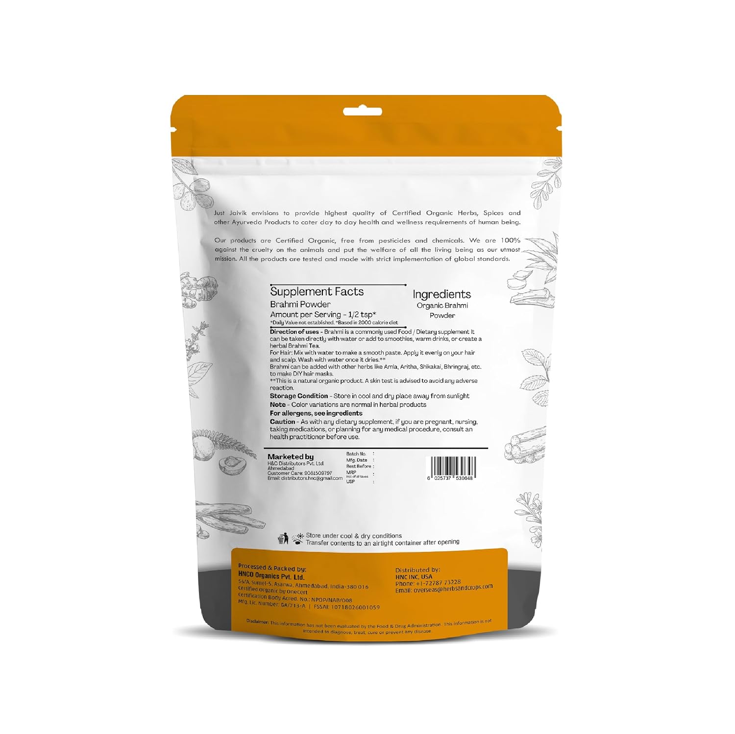 Just Jaivik 100% Organic Brahmi Powder Bacopa Monnieri- USDA Certified Organic, 227 GMS / 1/2 LB Pound / 08 Oz - Image 2