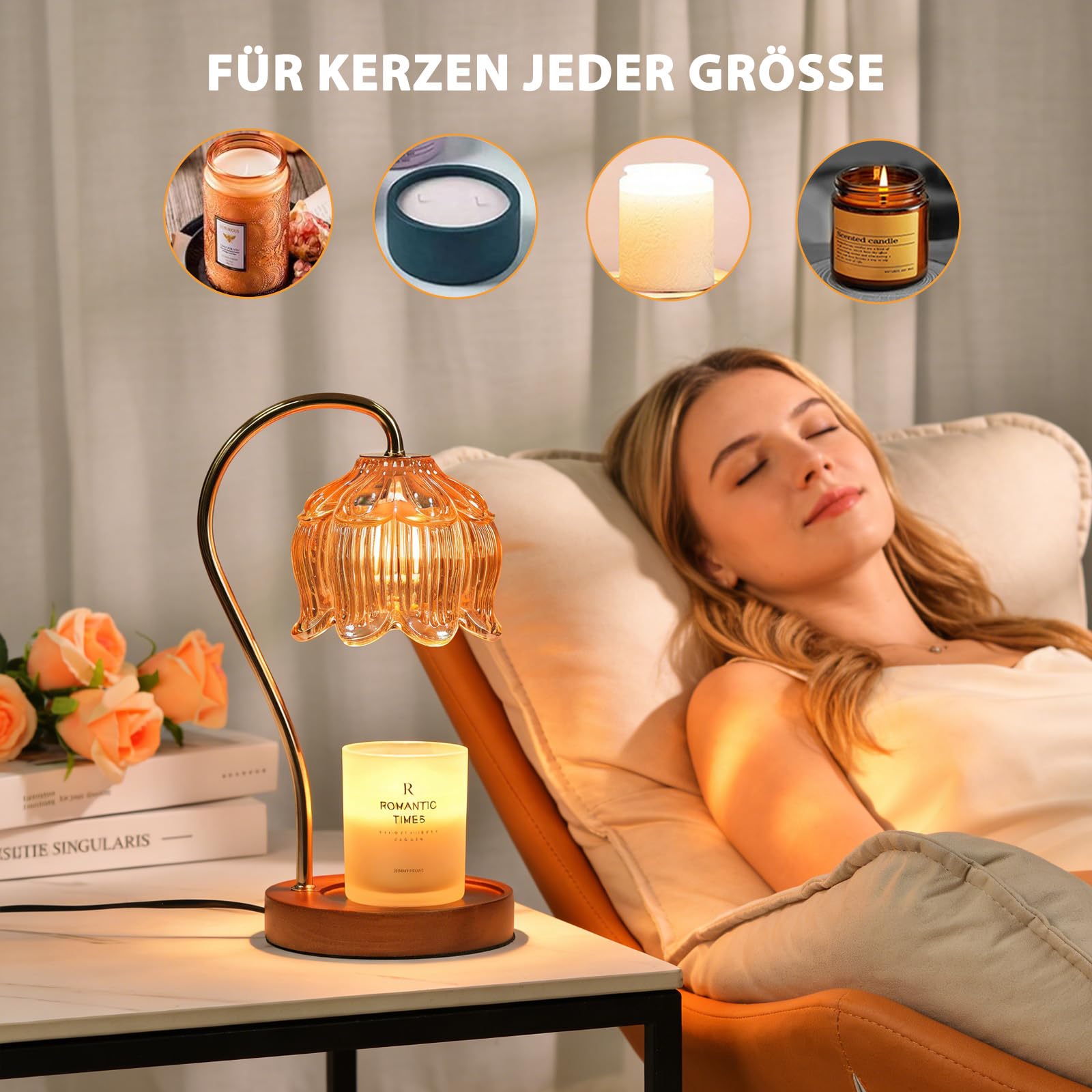 Justup Podgrzewacz świec, kwiatowa lampa do podgrzewania świec z timerem i 2 żarówkami, z regulacją wysokości, elektryczny podgrzewacz wosku, urodziny, Walentynki dla kobiet (brązowy)