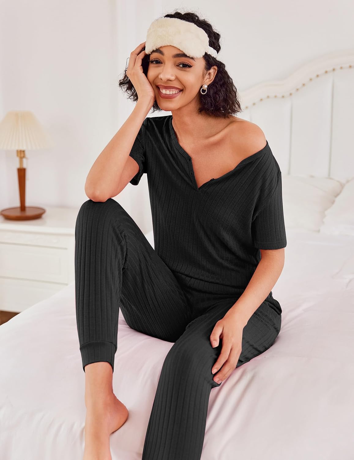 Ekouaer Pajamas for Women Set 2 Piece Rib Knit Lounge Set Joggers Loungewear Short Sleeve Pjs with Pockets - Image 5