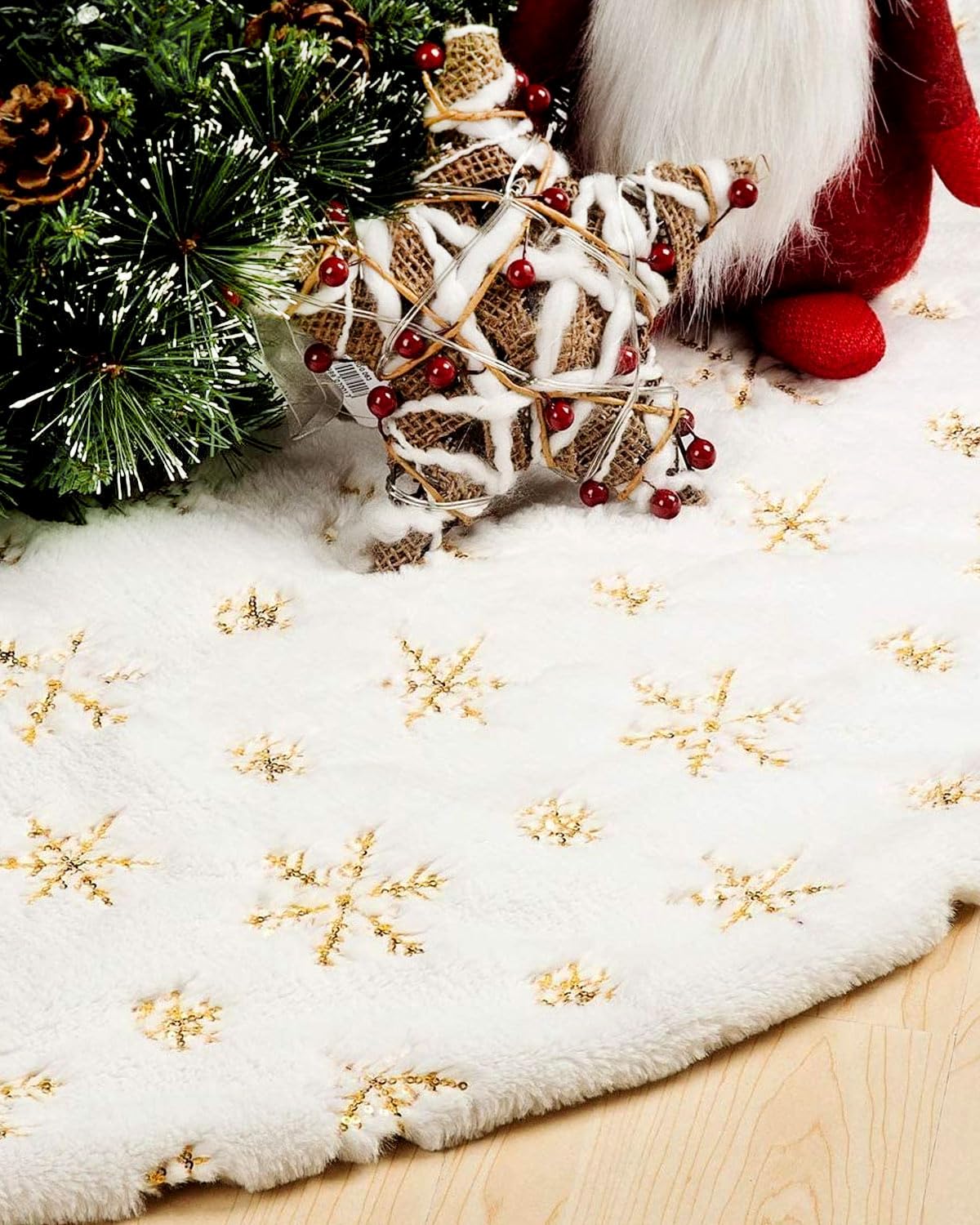 Christmas Tree Skirt 36 Inches, Faux Fur White Tree Skirt with Gloden Snowflakes, Soft Thick Christmas Tree Mat for Xmas Tree Decor, Large Tree Skirts