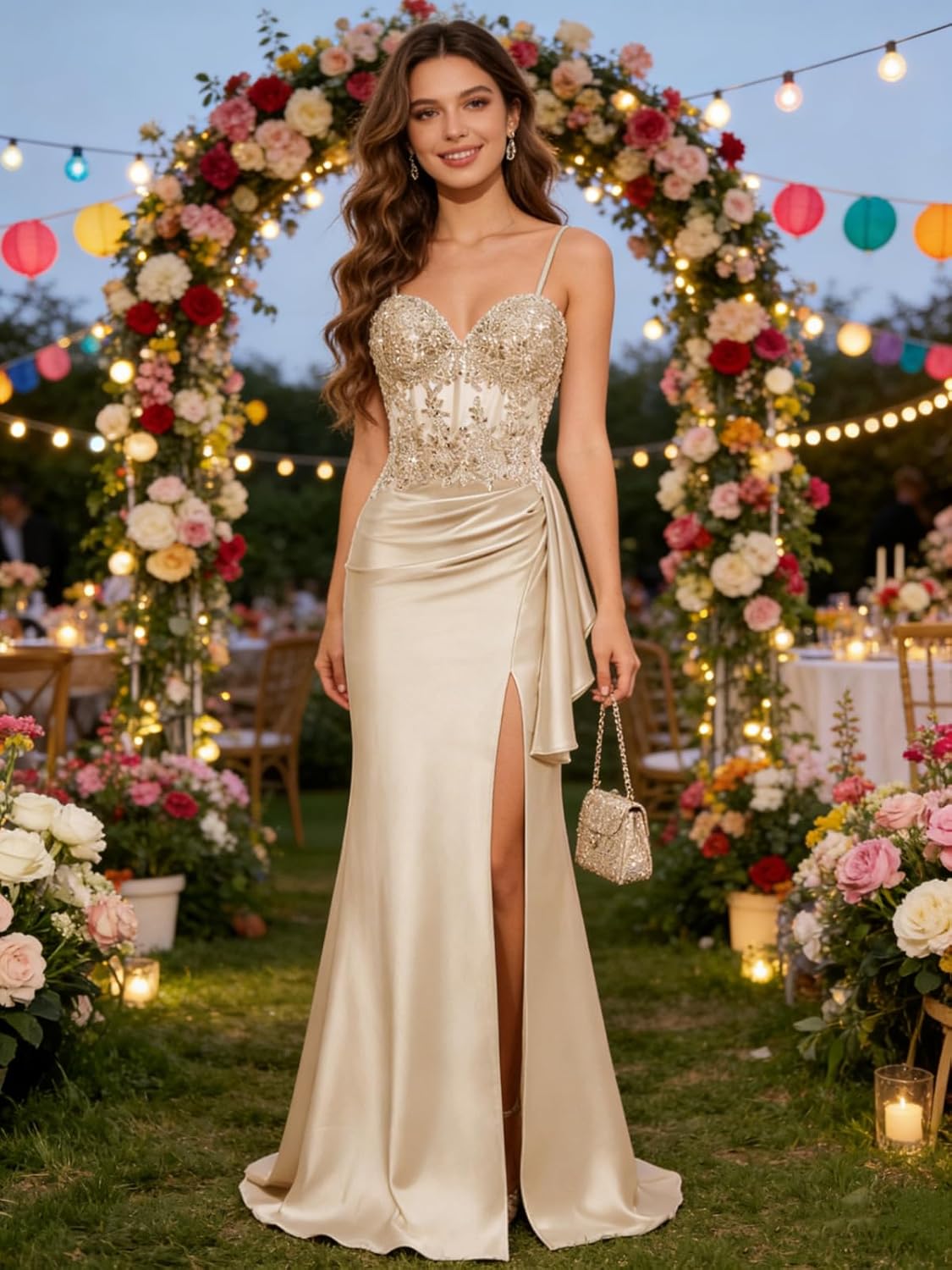 Sparkly Lace Appliques Prom Dresses with Sequin Corset Slit Spaghetti Straps Ruffle Formal Evening Dress HA030