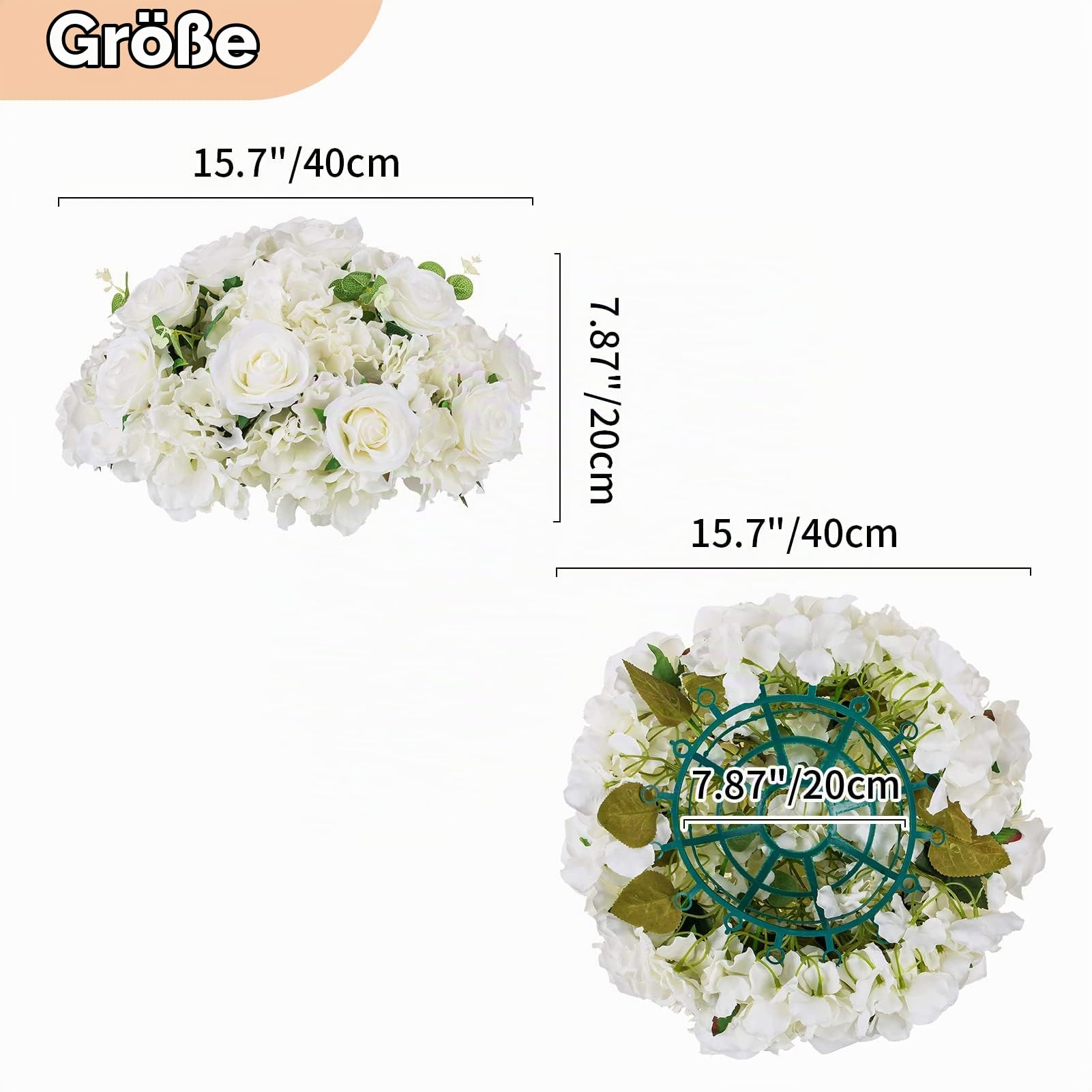 NUPTIO Blumenkugel Arrangement Strauß Weiß: 40cm Dia, für Hochzeit | 2 Stück Gefälschte Blumen Rosen Kugeln für Jahrestag, Geburtstag, Brautparty, Tafelaufsätze Dekorationen