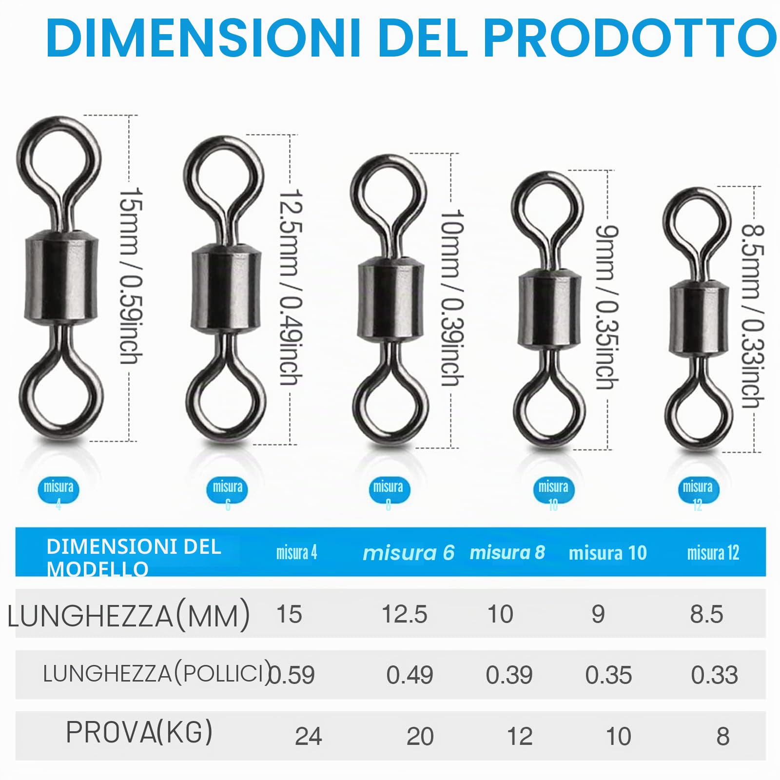 Realure 200 Pezzi Moschettoni Girelle Pesca Trota 5 Dimensioni Vortice da Pesca con Anelli Solidi Mulinello da Pesce Set Mulinello Vortice Pesce Accessori Girella 4# 6# 8# 10# 12#