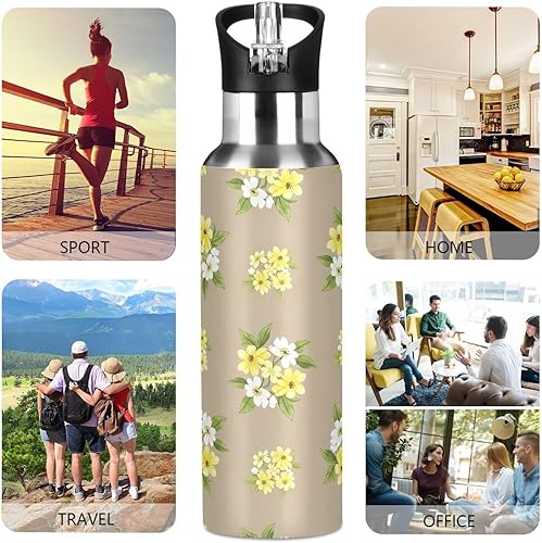 Miniatura 5 de Stainless Steel Vacuum Insulated Water Bottle 20 Oz, Leakproof Water Bottles for Gym Outdoor Travel School, Yellow White Flowers Beige