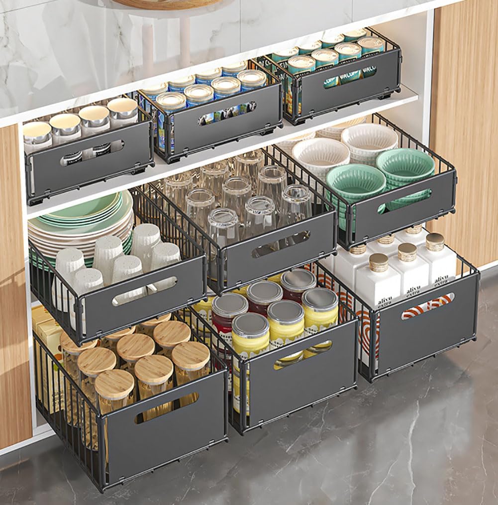 Pull Out Cabinet Organizer Slide Out Drawer Storage Shelves Cupboard Organiser Sliding Cabinet Basket for Kitchen No Drilling and Nailing (Black, 4Piece 9.8" W X15 D X 7.5" H)