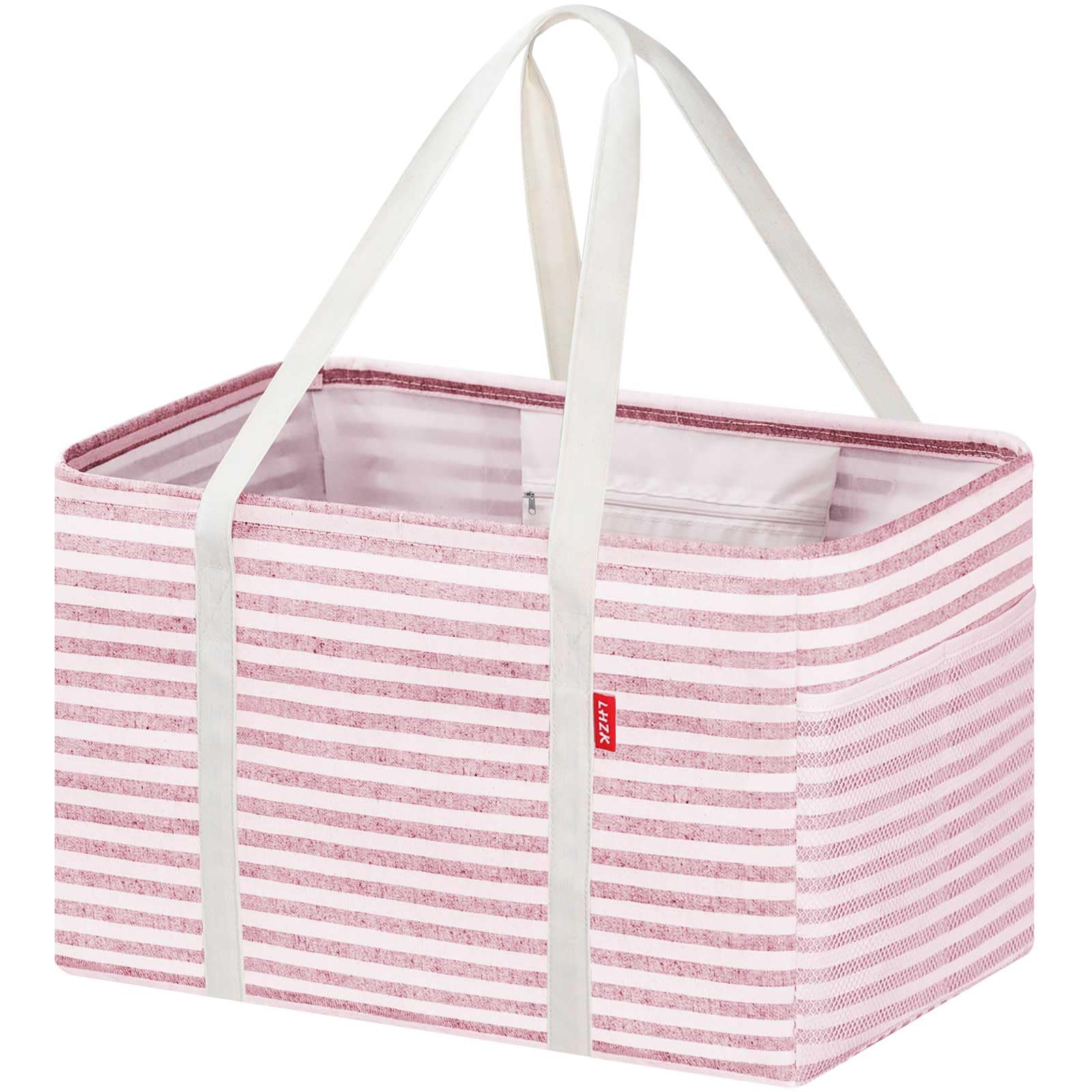 LHZK Standing Utility Tote Bag with Metal Wire Frame and the Sides Rinforced, Large Tote Bag with Handle, Reusable Grocery Bags Foldable, Beach Bag,