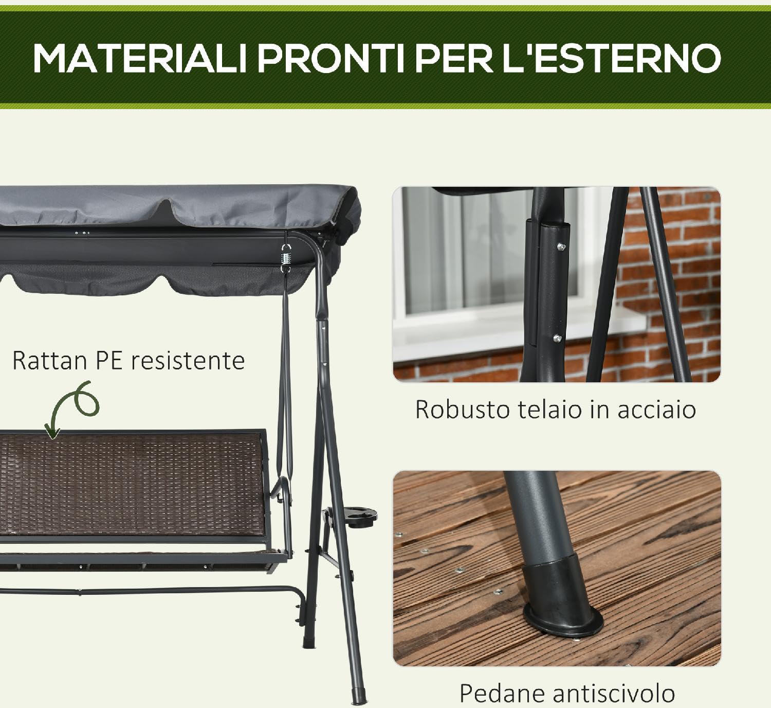 Dondolo da Giardino 3 Posti con Tettuccio Parasole e Portabicchieri in Acciaio/Poliestere/Rattan PE Dimensioni 204x112x150 cm Colore Grigio Scuro/Marrone