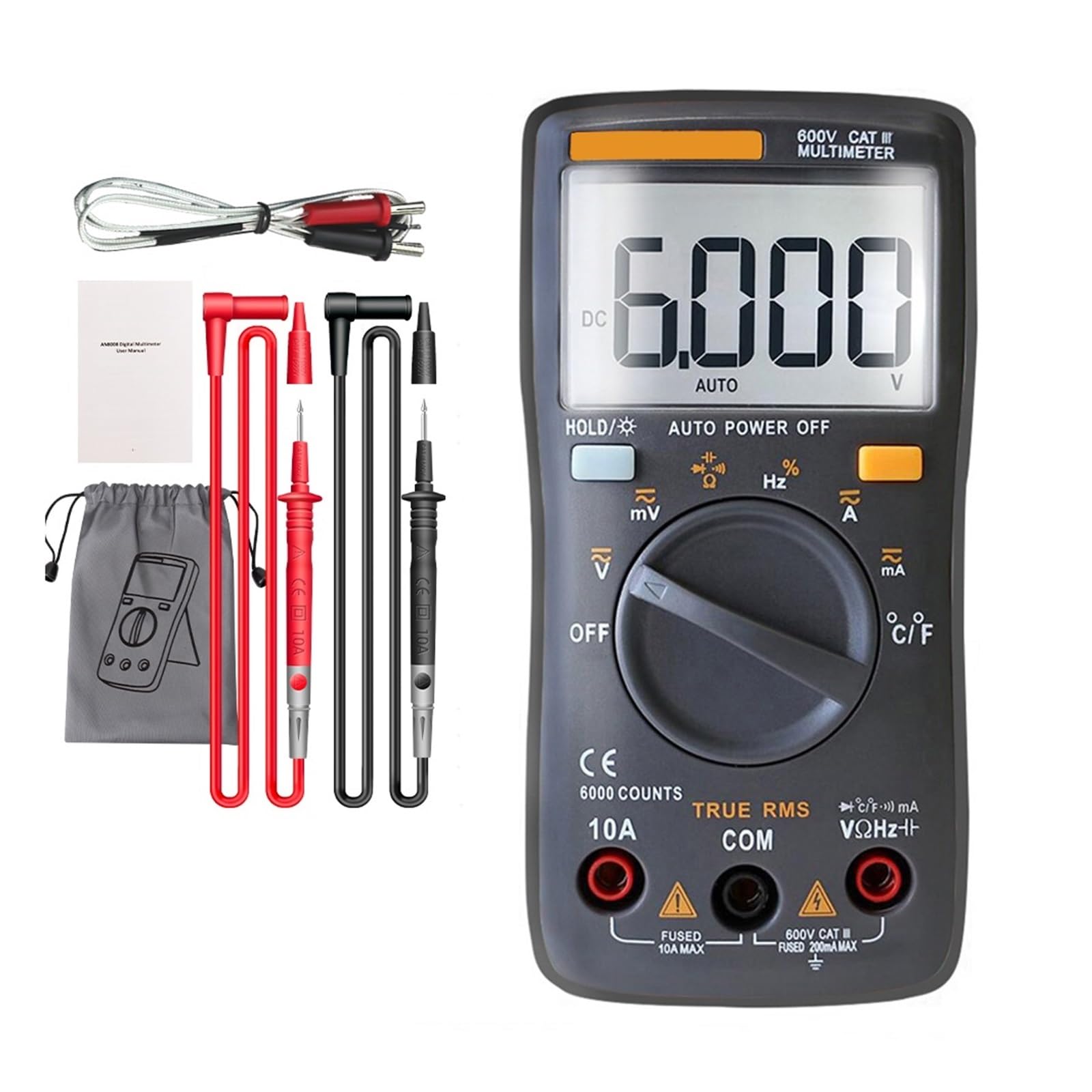 Multímetro Digital 6000 Cuenta AV/DC Amperímetro Voltaje Multímetro Prueba Transistor Capacitor Tester Lcr Meter Testers(Black)