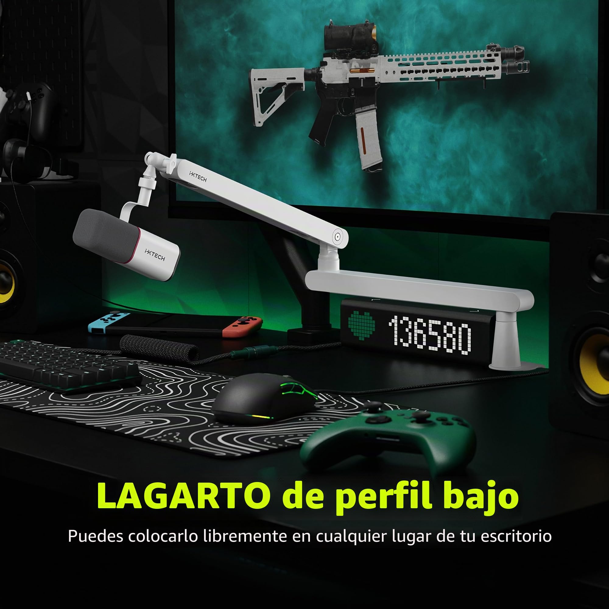 IXTECH Soporte de brazo para micrófono ajustable con rotación de 360°, soporte de micrófono de perfil bajo con brazo de boom para micrófono completamente ajustable y soporte universal para