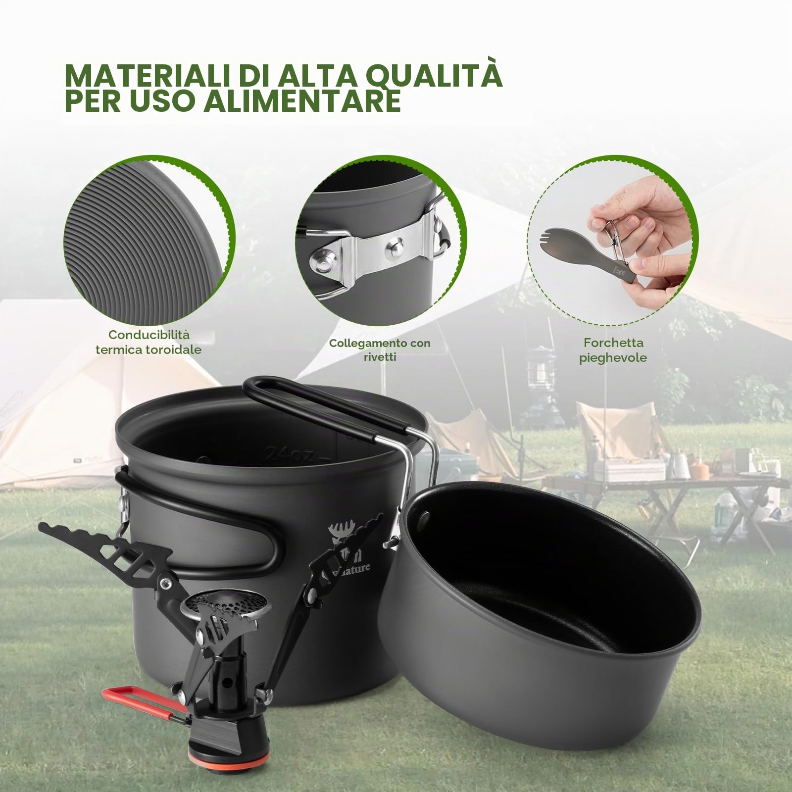 Set di Pentole da Campeggio 1,1L, Gavetta Campeggio Fornello da Picnic con Posate e Manico Pieghevole Portatile, Antiscottatura e Antiruggine, per Viaggiare Trekking Escursionismo