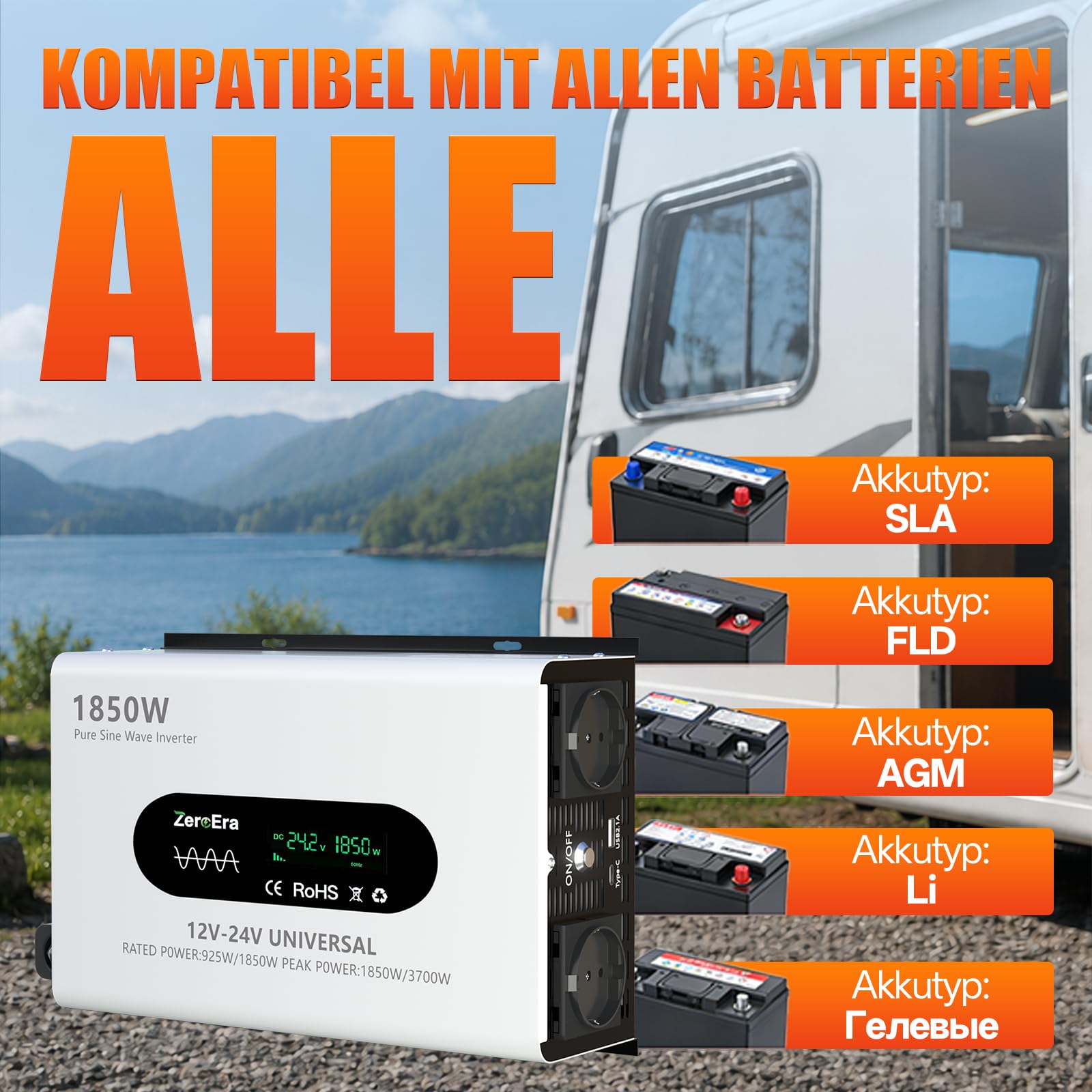 Wechselrichter 12V/24V auf 230V,KFZ Spannungswandler,Nennleistung 925W/1850W,Spitzenleistung 1850W/3700​W,Reiner Sinus,LCD,intelligente Erkennung,2 EU-Buchse,1 Typ C,2.1A USB-Anschluss,Fernbedienung