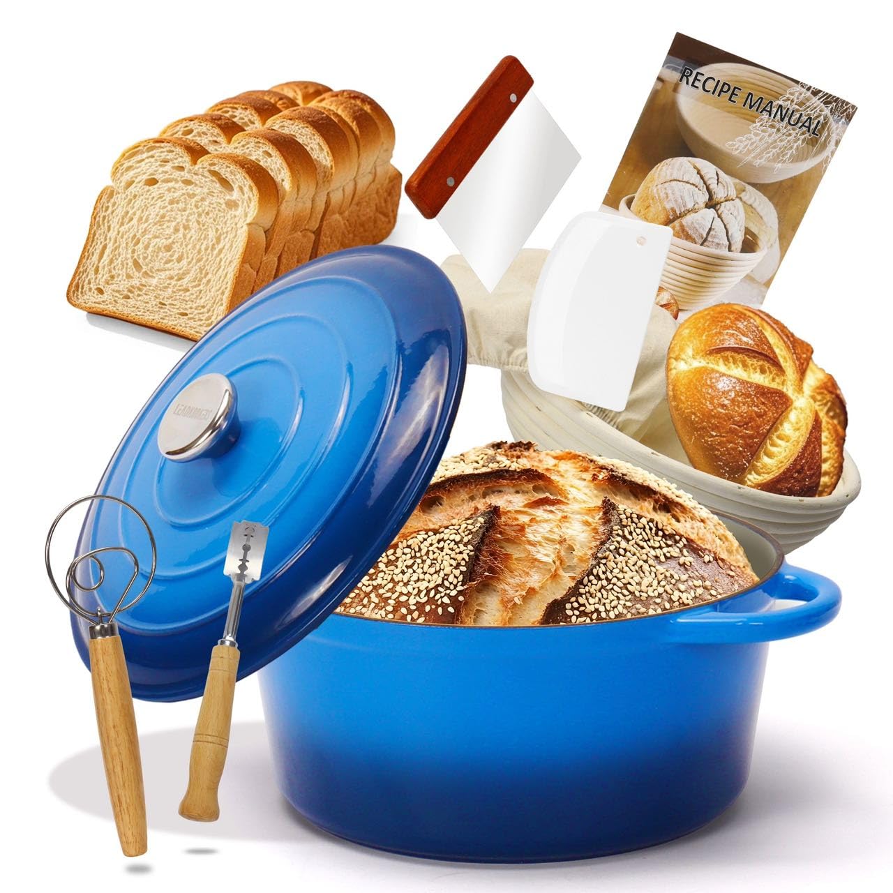 Enameled Cast Iron Dutch Oven with Proofing Basket, Non-Stick Ovenproof Casserole Pot, Dark Blue Dutch Oven for Braising, Stews, Roasting & Bread Baking 5Litres-26cm