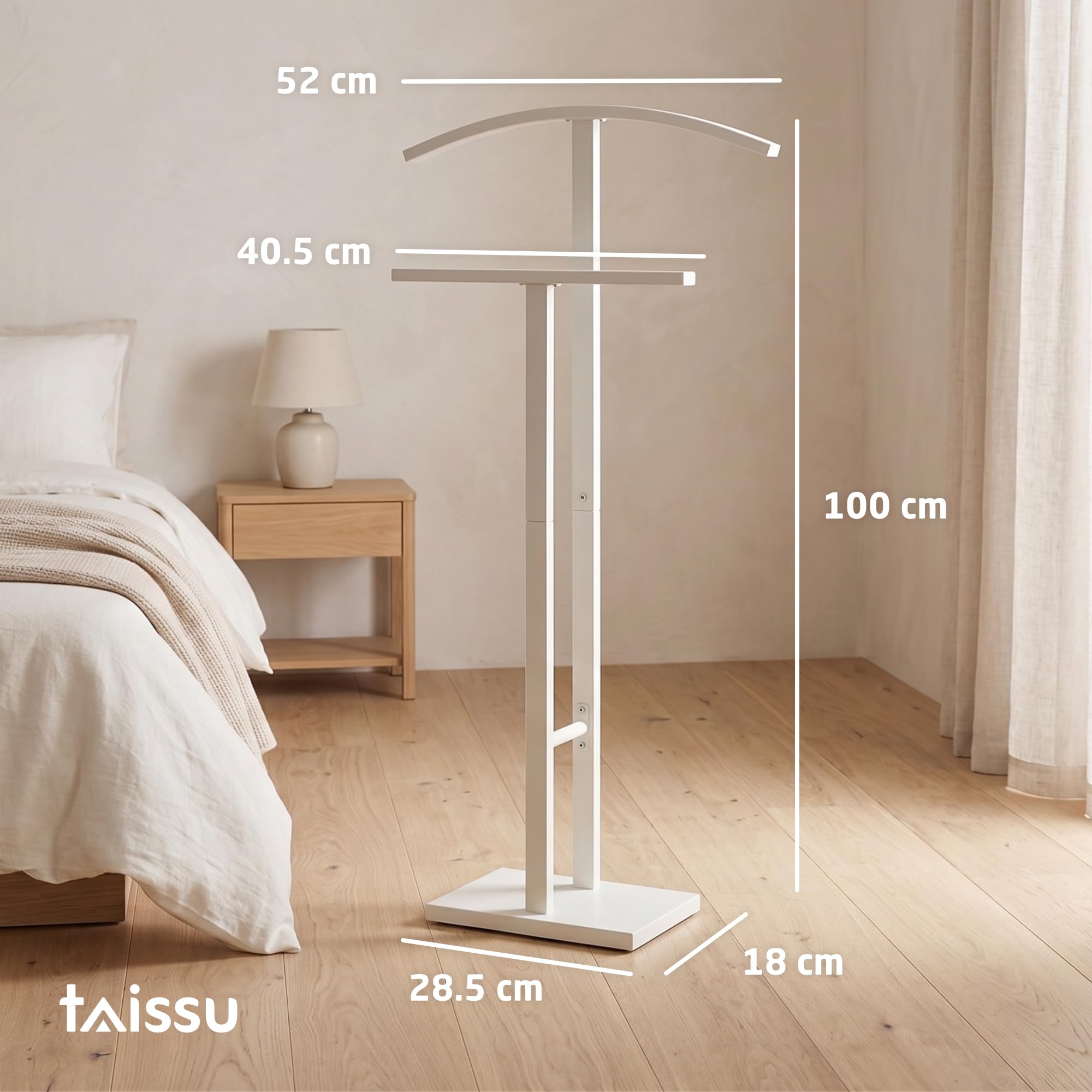 Servo Muto Mod. ADAK - Colore Bianco Opaco - Con Appendiabiti Superiore e Barra per Pantaloni - 52 x 18 x 100 cm - Acciaio con Base in Cemento - Appendiabiti per Camera da Letto