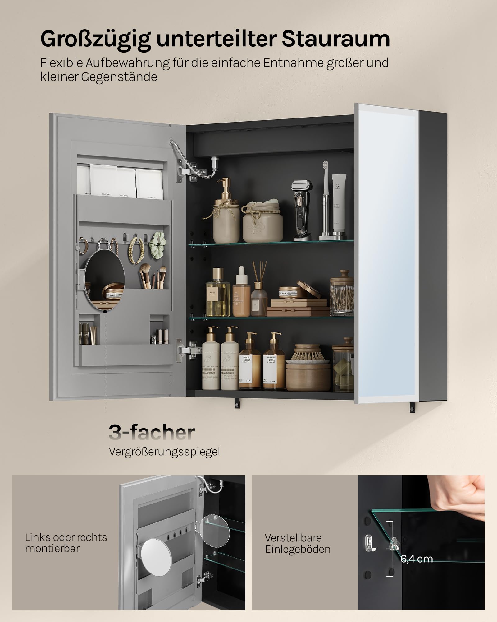 WOLTU Spiegelschrank mit Beleuchtung, Entfogging-Funktion, 14,5x75x70 cm