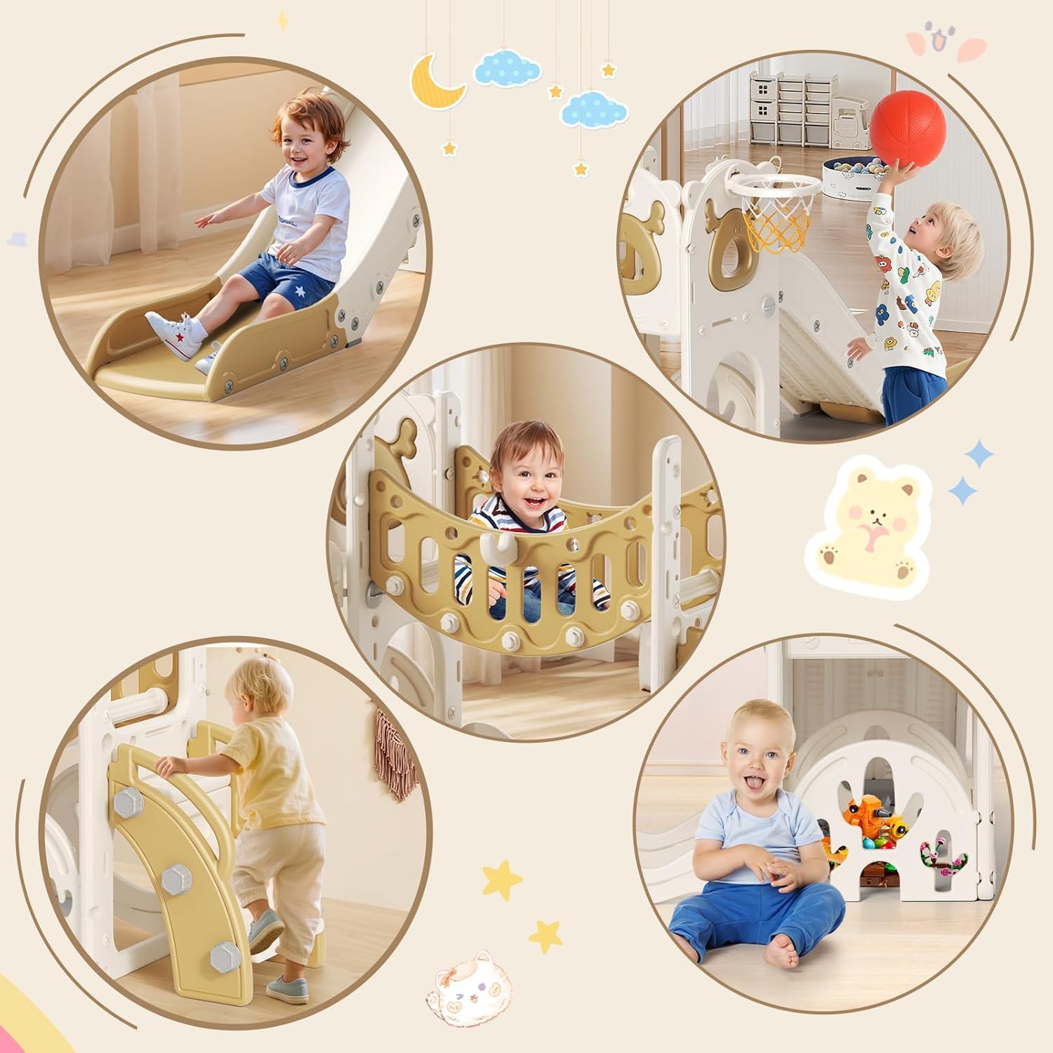 Grand toboggan pour enfant avec panier de basket-ball, cadre d'escalade pour jardin, télescope et espace pour 1 à 3 ans, extra long 1700 mm (modèle Elk Slide Active 7 en 1 (Kaki))