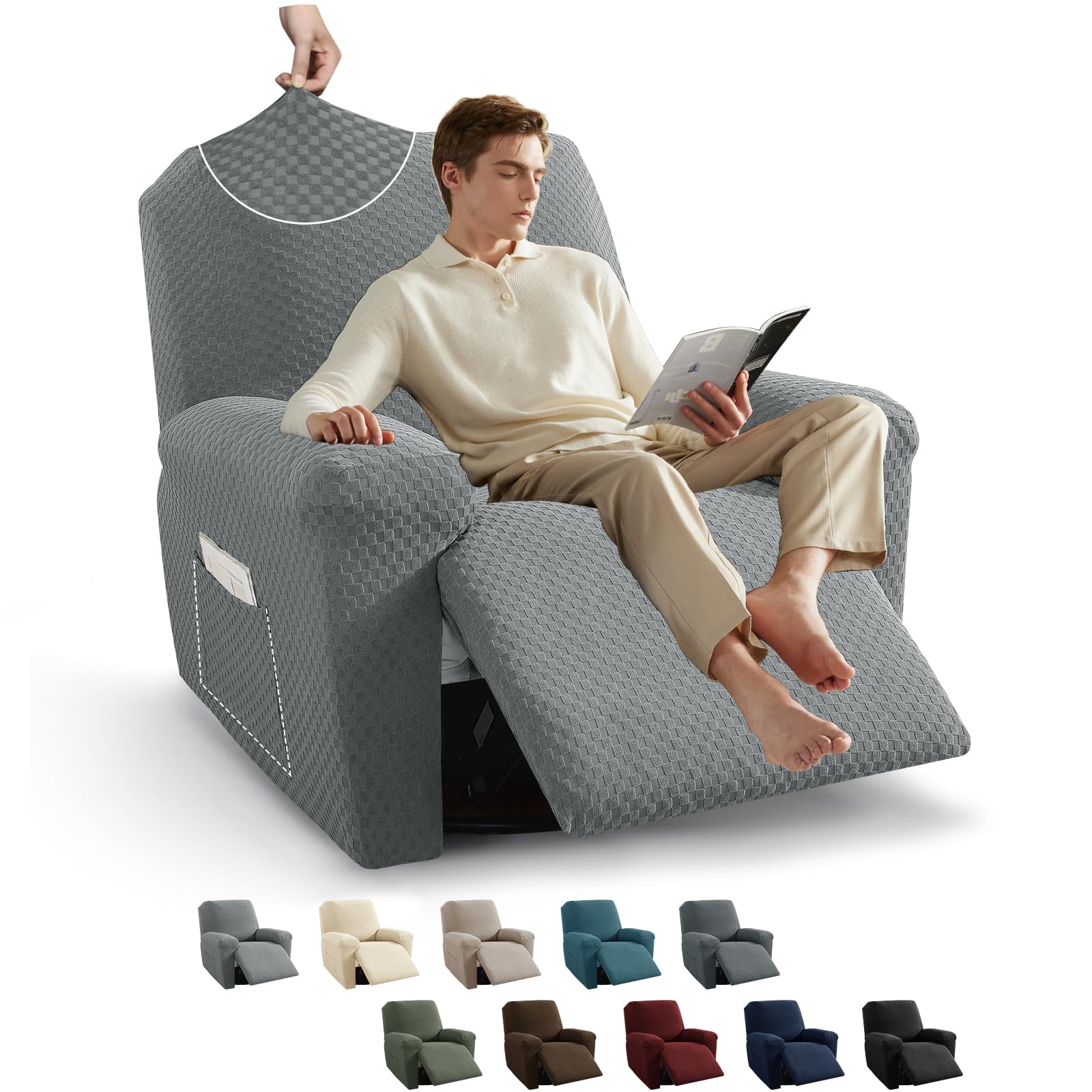 Recliner Cover Slipcovers for Living Room 4 Pieces Stretch Jacquard Recliner Chair Cover Soft Fitted Recliner Protector with Elastic Bottom for Kids, Pets (Recliner, Light Gray)