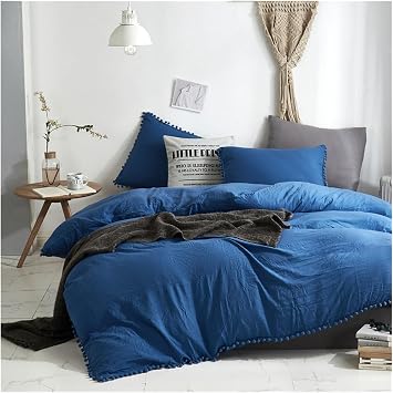 Bed, Boho Pom Duvet Cover Set, 3 Pieces Bedding Set with Ball Fringe Tassel 1 Duvet Cover, 2 Pillowcases, Washed Lightweight Microfiber, Zipper Closure