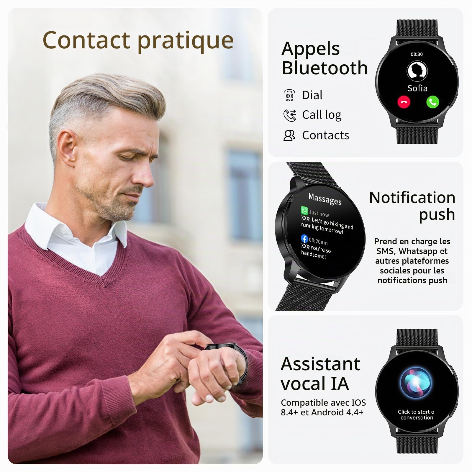 Montre Connectée Femme Homme Appel Bluetooth Podometre Sommeil | Écran 1,34" HD Étanche Smartwatch Ronde Cardiofrequencemetre Menstruel Cycle Cadeau- Android iOS [3 Bracelets]