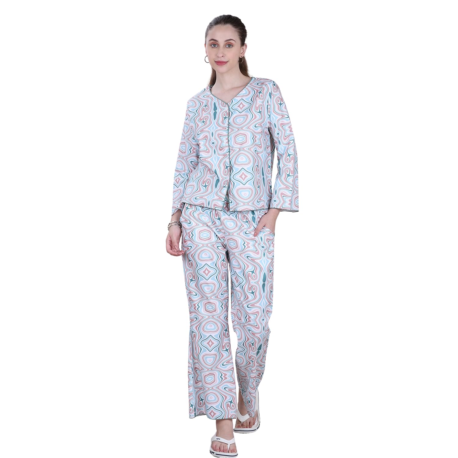 Women's Aqua Woven Co-Ord Set | Soft & Stretchable Fabric | Comfortable Fit 2-Piece Lounge Wear | Stylish Top & Bottom Set for Nightwear & Daywear