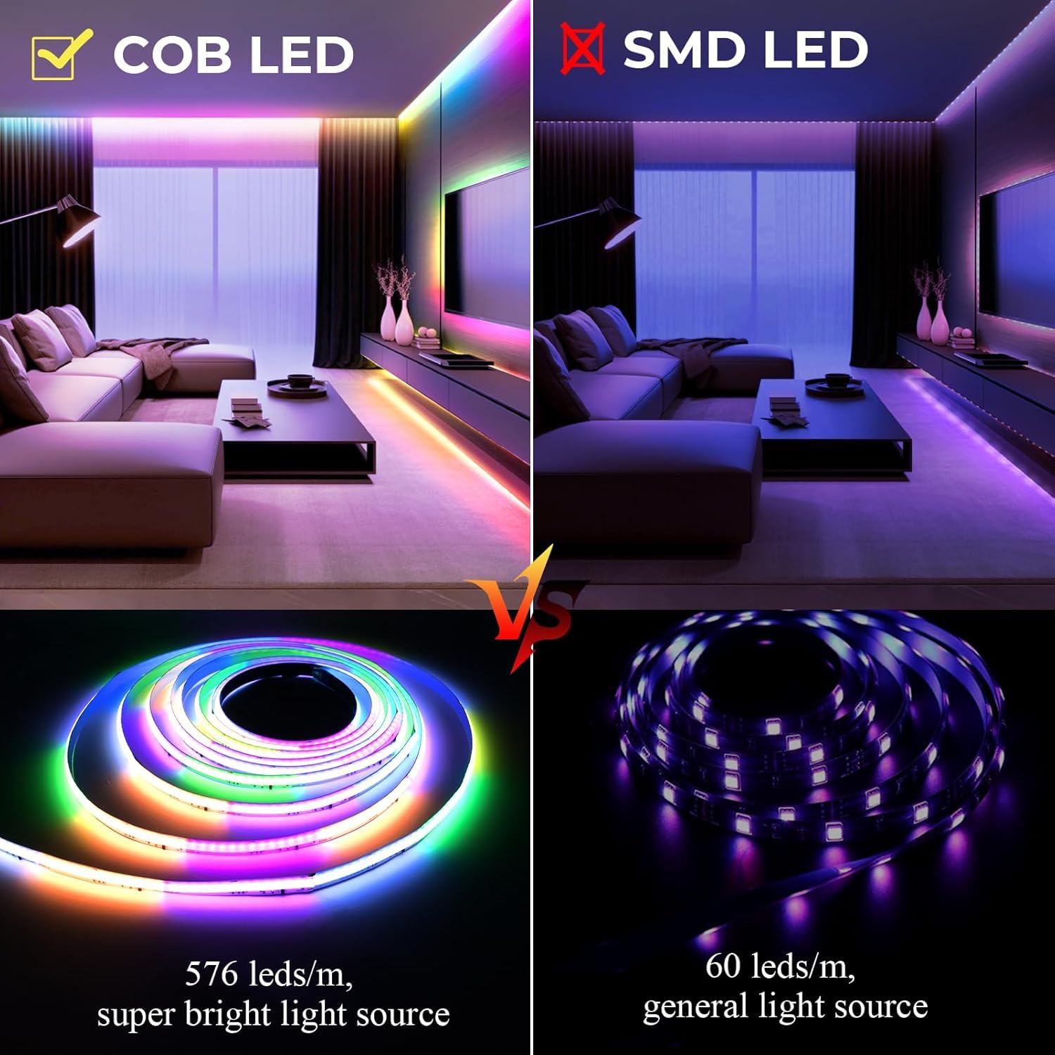 Smart RGBIC COB LED Strip 10M,Colour Changing LED Tape Lights,DC24V,10mm Width,Multicoloured Flexible Lights with APP Control,Work for Alexa for Home DIY Lighting - Image 2