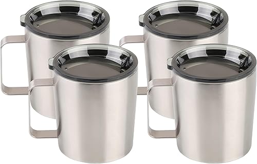 Taza de café aislada de 12 onzas con tapa, acero inoxidable, doble pared aislada al vacío, taza de café con asa, acero inoxidableplata (803-019)