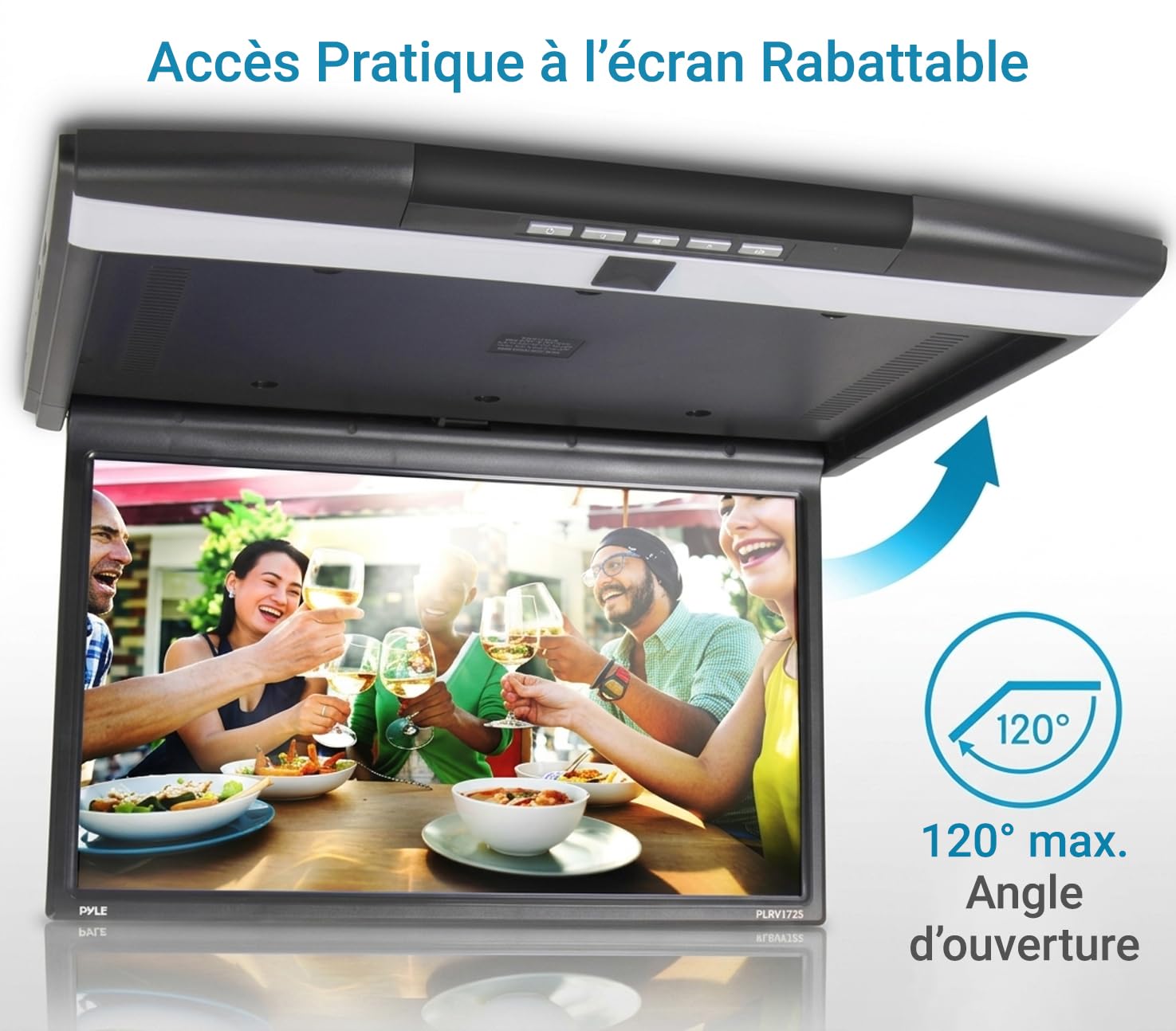 Pyle Écran Plafonnier Voiture 17,3 Pouces LCD Rabattable - Moniteur de Toit HD 1080p avec HDMI, USB, Micro SD, Émetteur IR pour Casque sans Fil, FM, Haut-Parleurs Intégrés, Télécommande
