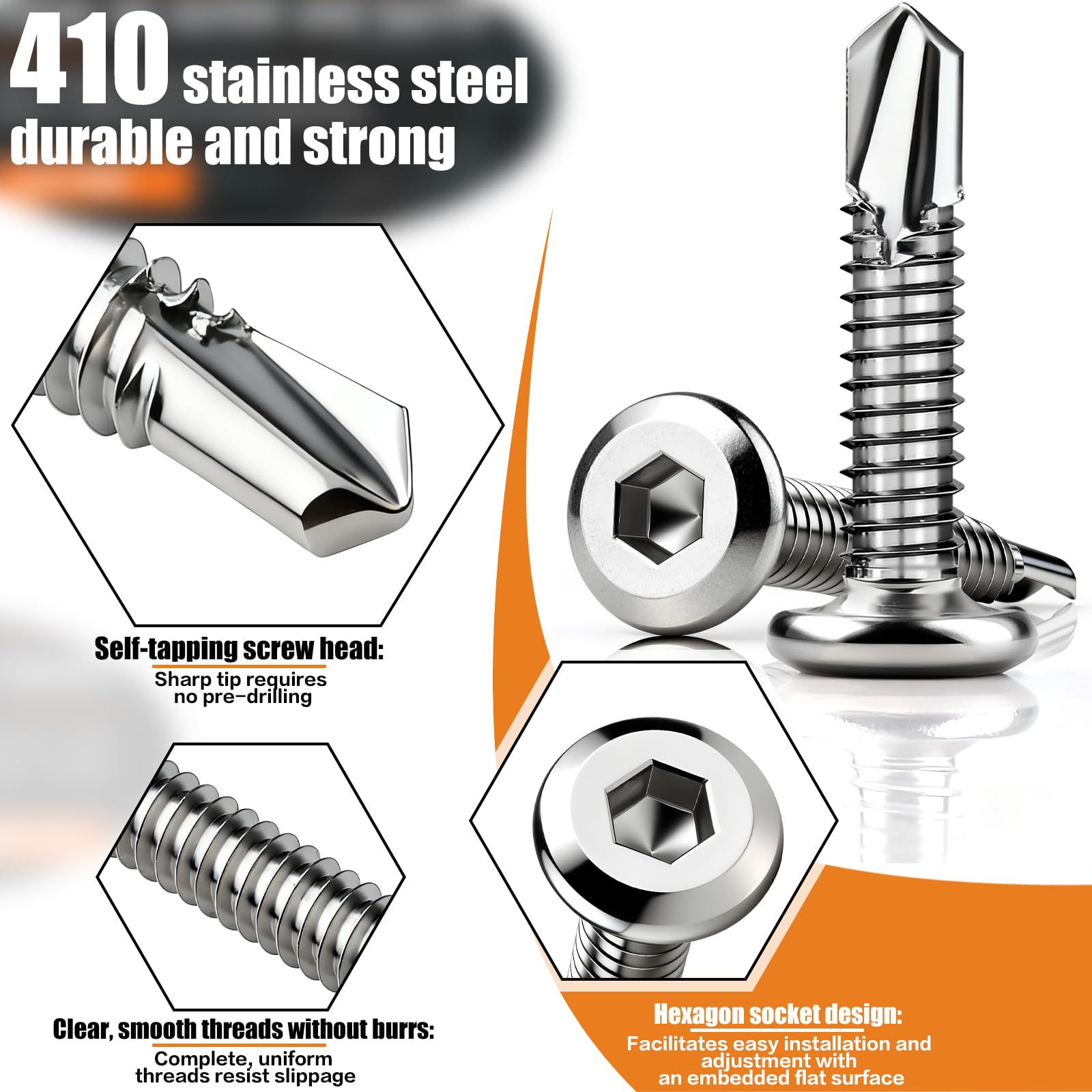 60 sztuk wkrętów samogwintujących ze stali nierdzewnej 410, 5,5 x 16 mm, wkręty samogwintujące, płaskie, wkręty z łbem sześciokątnym, śruby ze stali nierdzewnej, do metalu, drewna, z wiertłem