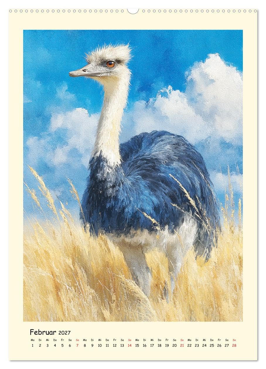 Strauße. Afrikas große Laufvögel in Aquarelloptik (Wandkalender 2027 DIN A2 hoch), CALVENDO Monatskalender: Die majestätische Ruhe und dynamische ... in schönen Illustrationen (CALVENDO Tiere)
