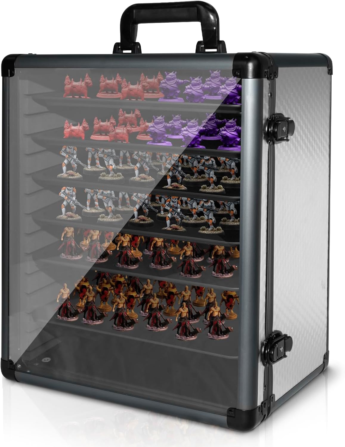 ORKELS Large Aluminum Miniatures Storage Case with 6 Metal Tray, Clear Display Transport Case with Lock, Aluminum Alloy Frame Organizer for Mini Action Figures, Collectibles