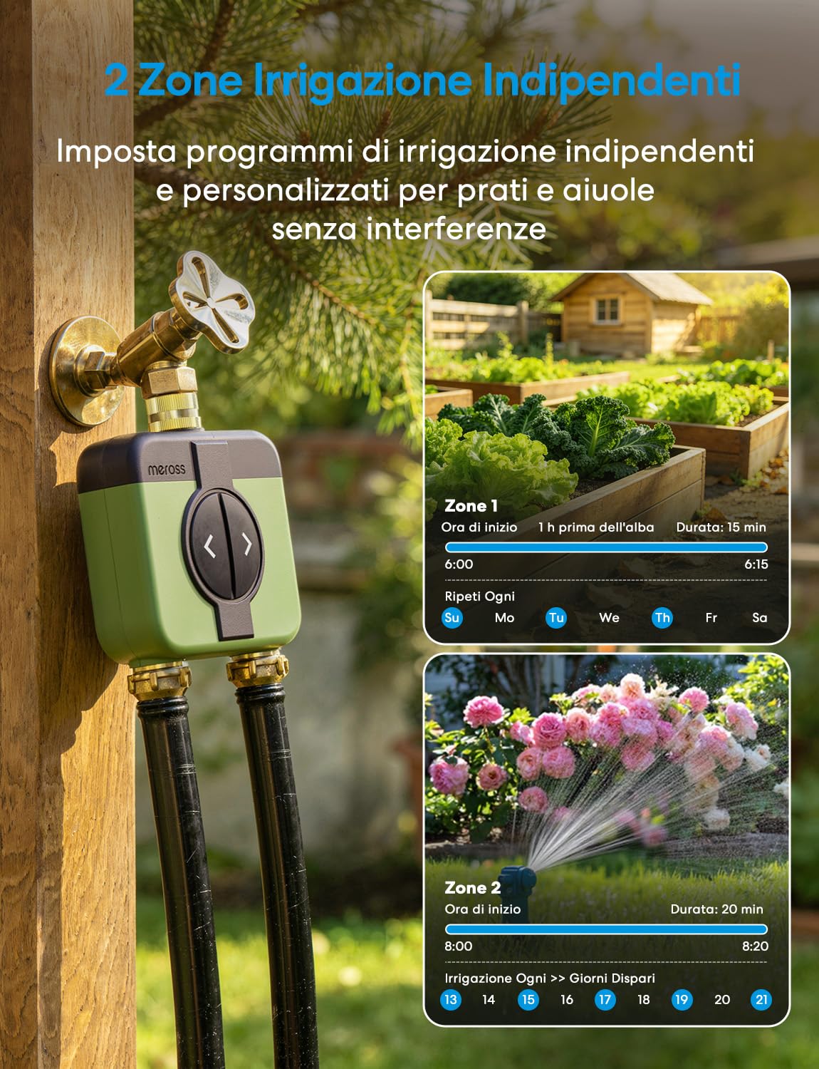 Meross Centralina Irrigazione WiFi 2 Vie MST200, Irrigazione Automatico & Controllo Remoto, Ritardo Pioggia & Monitoraggio Consumo Acqua, Compatibile con Apple Home, Alexa e Google Home, Verde, 2.4GHz