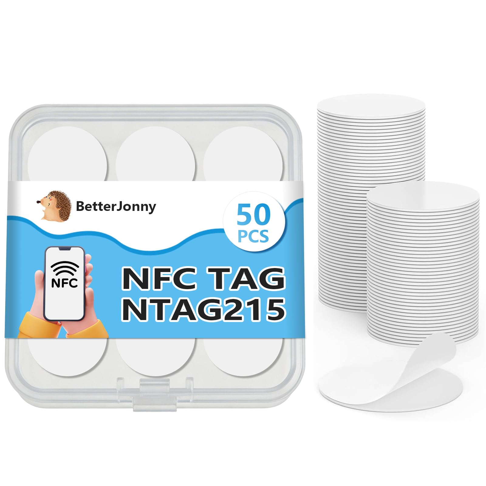 50 Pcs NFC Stickers Tags, NFC Cards with Adhesive Back, 25mm Round Rewritable NFC Cards, 504 Bytes Memory Compatible Tagmo NFC Enabled Mobile Phones, White