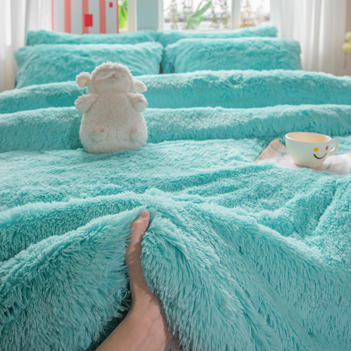 Faux Fur Kids Girls Sky Blue Comforter Sets Queen - 3PC Bed Set Warm Comfortable Soft Plush Flannel Velvet Fluffy Fuzzy Bedding（Comforter x 1 Pillowcases x 2）
