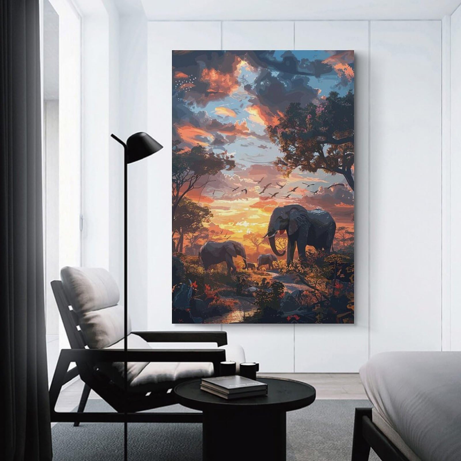 Junmoney Elephants Nature SynthWave Wall Picture Print 20x30inch(50x75cm), for Hallway, Lounge Or Guest Room, Gift Idea for Housewarming And Birthdays