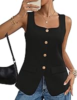 Ahlaray Women's Sleeveless Blazer Vest with Square Neck & Button Front - Black Business Casual Top