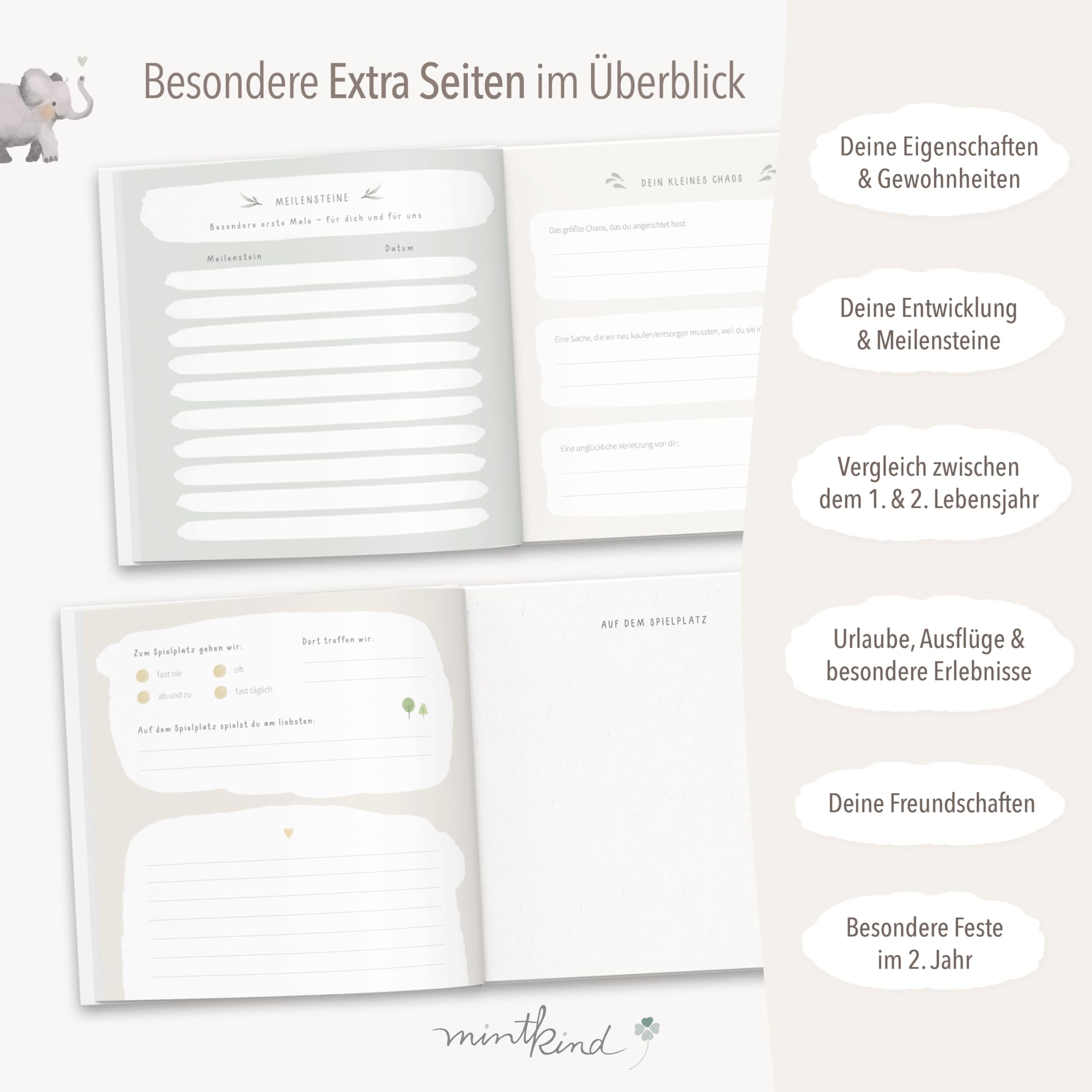 mintkind® Babyalbum zweites Lebensjahr Hardcover Babytagebuch zum Eintragen Erinnerungsbuch und Fotoalbum Baby Geschenkidee für Jungen und Mädchen liebevoll gestaltetes Babybuch Salbei
