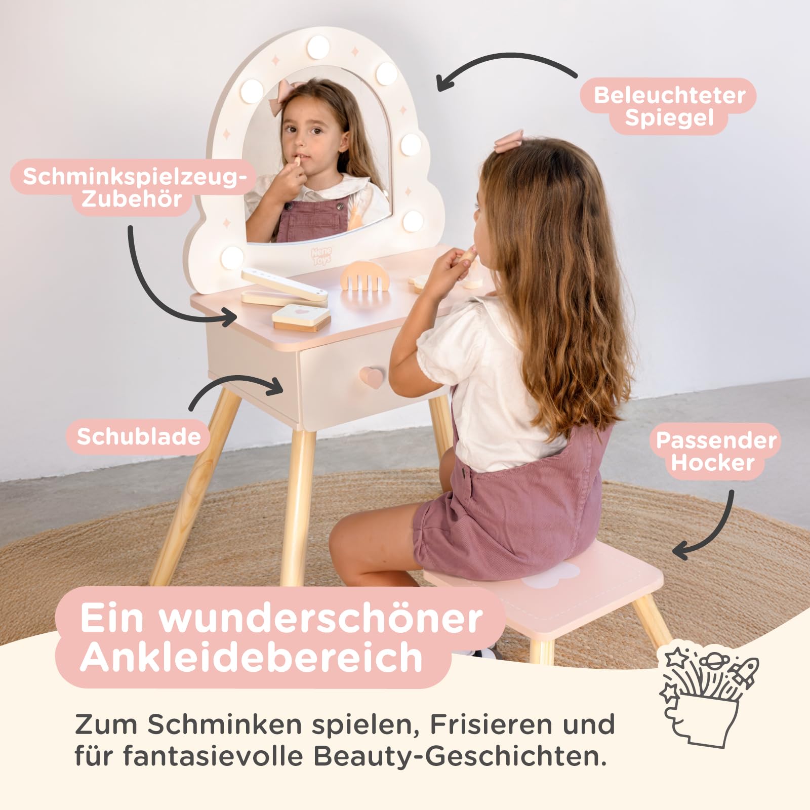 Nene Toys Schminktisch Kinder mit Hocker & beleuchtetem Spiegel, Kinder-Schminktisch aus Holz, 3 Lichtmodi, Mädchen Frisiertisch mit Schublade, Zubehör, Geschenk ab 3 Jahren