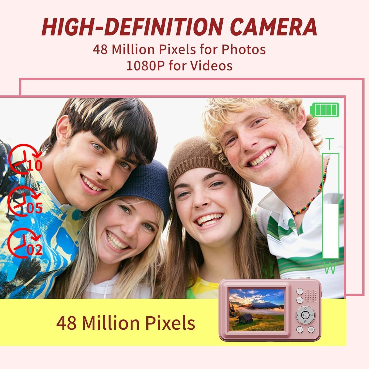 Appareil Photo Numérique FHD 1080p, Zoom 16x, Appareil Photo Compact avec Batterie De 1300 mAh, Écran De 2,4 Pouces,Appareils Photos Enfants Cadeau De Noël pour Enfants.