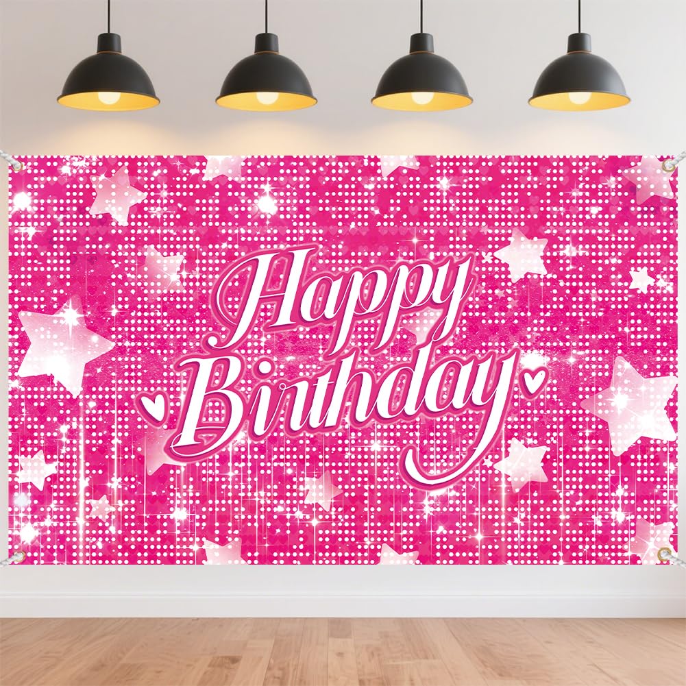 CRAFTYMELODY Pink Happy Birthday Banner 72×44 Inch Glitter Backdrop Happy Birthday Wall Banner Indoor Outdoor with Grommets 3.2 Yard String for Party Decoration Supplies Photo Backdrop