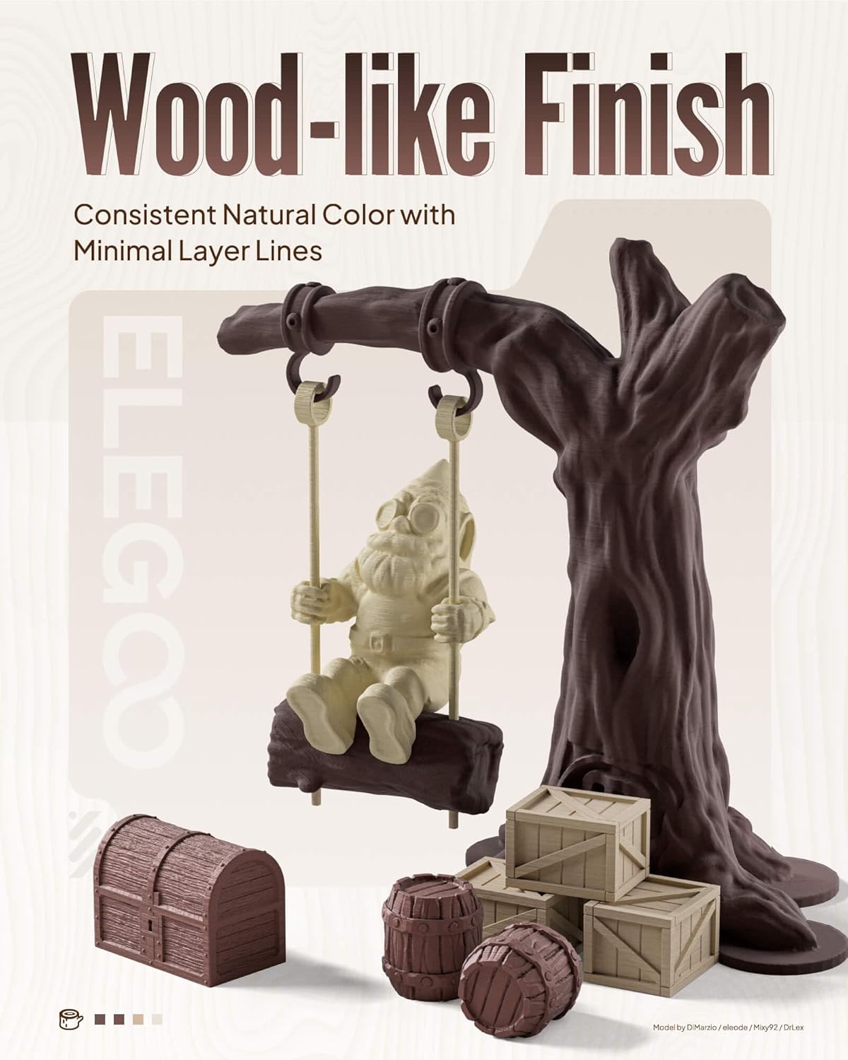 ELEGOO PLA Filament 1.75mm Teak Wood 1KG, Real Wood Flour Added 3D Printer Filament, 1kg Spool(2.2lbs) Fits for Most FDM 3D Printers