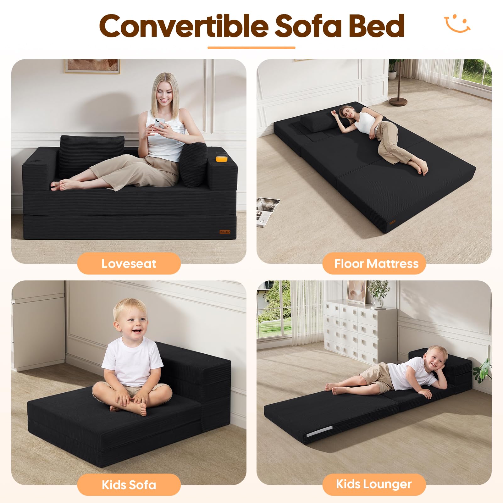 MeMoreCool Boneless Sofa Bed Queen, 94x59 in Extra Long Futon, Black | Folds out to a 94 in bed, longer than a queen mattress