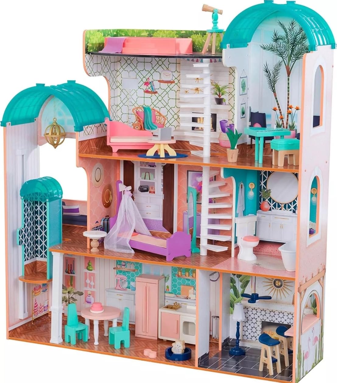 KidKraft Camila Puppenhaus aus Holz mit Möbeln und Zubehör, Spielset mit Katze, Aufzug und Pool für 30 cm große Puppen, Spielzeug für Kinder ab 3 Jahre, 65986 - Exklusiv bei Amazon