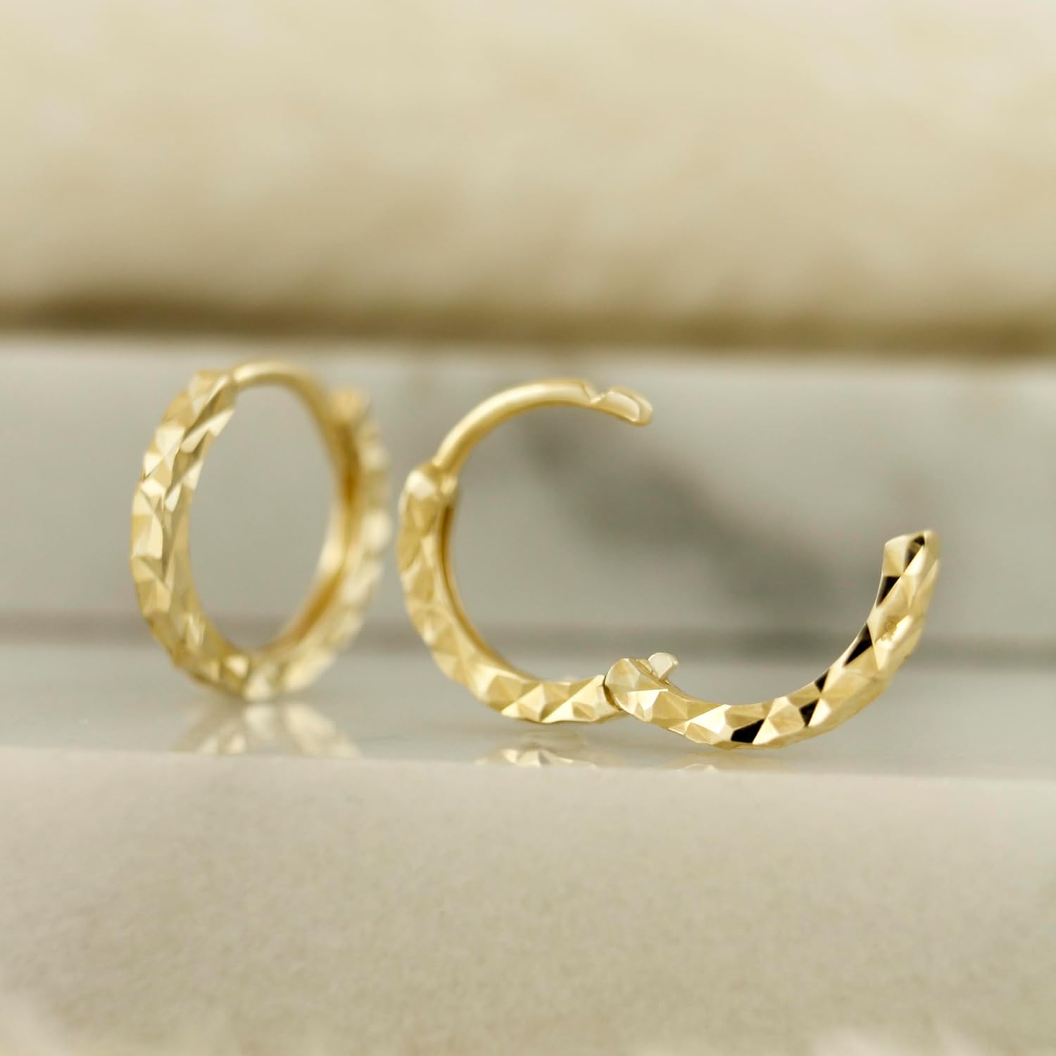 10K Solid Gold Dainty Huggie Hoop Earrings, Diamond Cut Real Gold Hoop Earrings, Small Huggie Hoops - Serena Sparkles