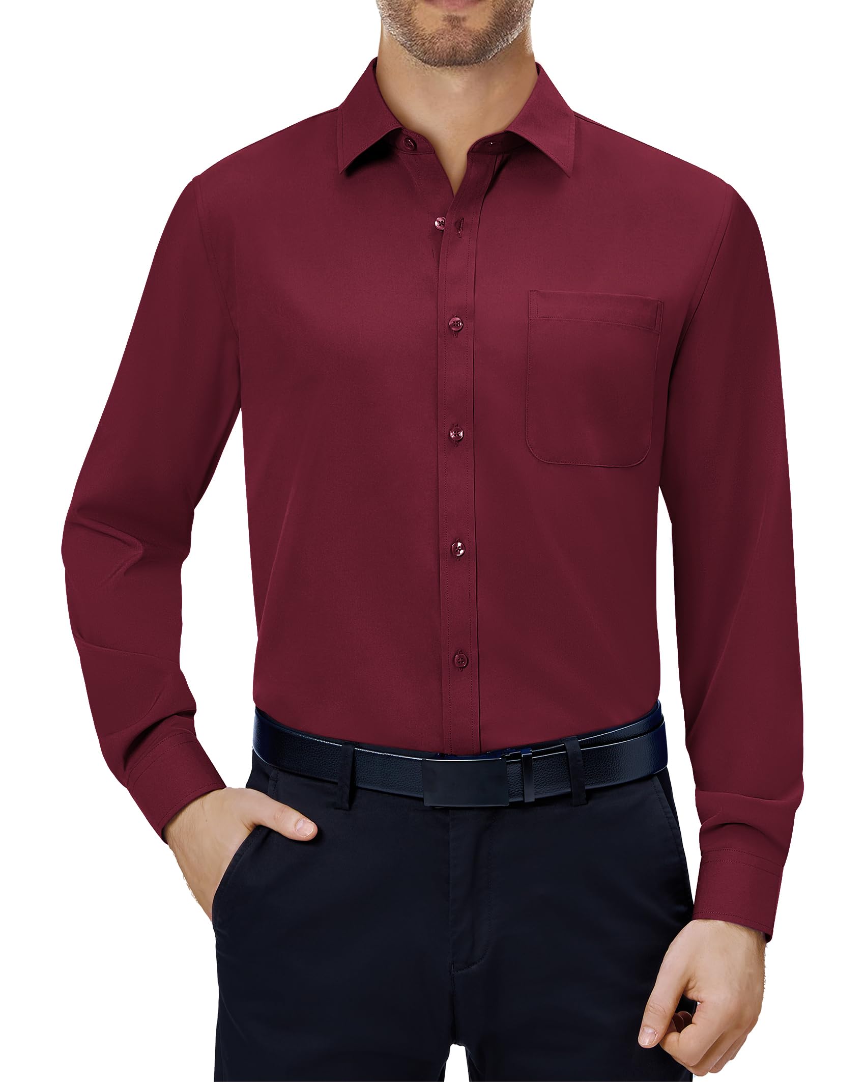 Alimens & Gentle Herren Hemd Langarm Stretch Business Hemd Blickdicht Knitterfrei Freizeithemd Travel Jahrestag Konzerte Oberhemd mit Tasche Burgunderrot L