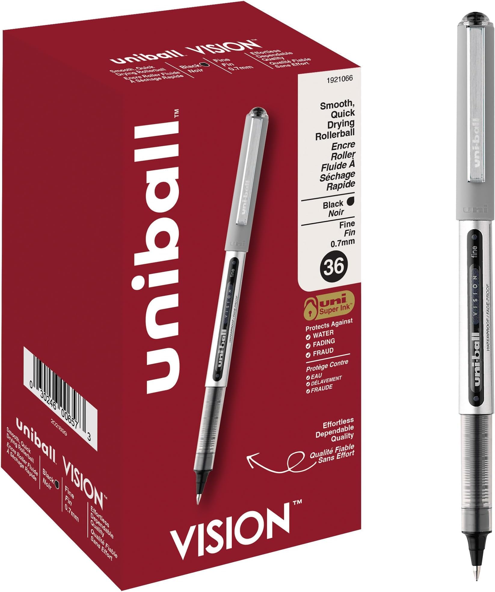 uniball Vision Roller Ball Pen, Stick, Fine 0.7 Mm, Black Ink, Silver Barrel, (Pack of 216)