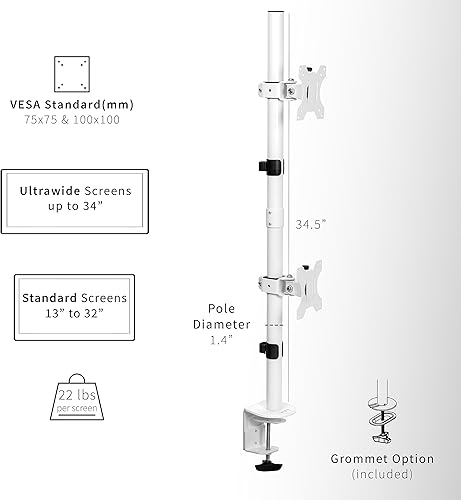 Miniatura 3 de VIVO STAND-V002TW - Soporte de escritorio para monitor LCD verticalmente apilado, extra alto, resistente, ajustable, para 2 pantallas ultraanchas de
